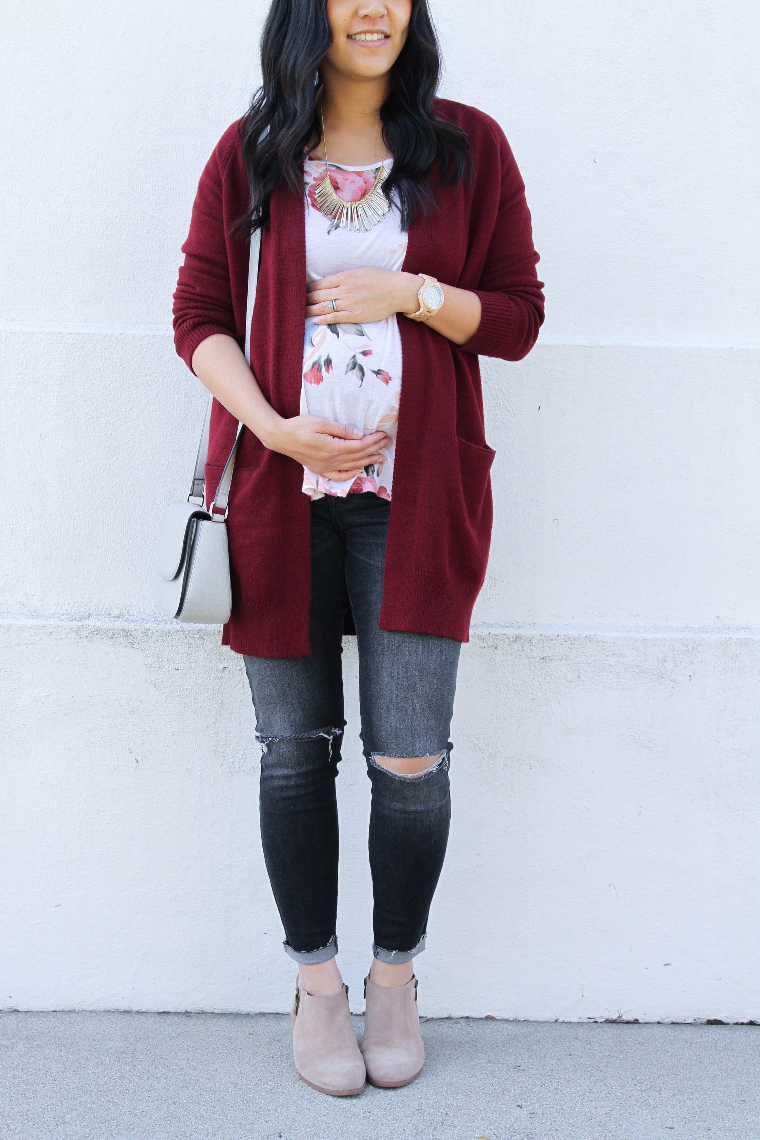 Maroon Cardigan + Floral Blouse + White Bag + Distressed Jeans 