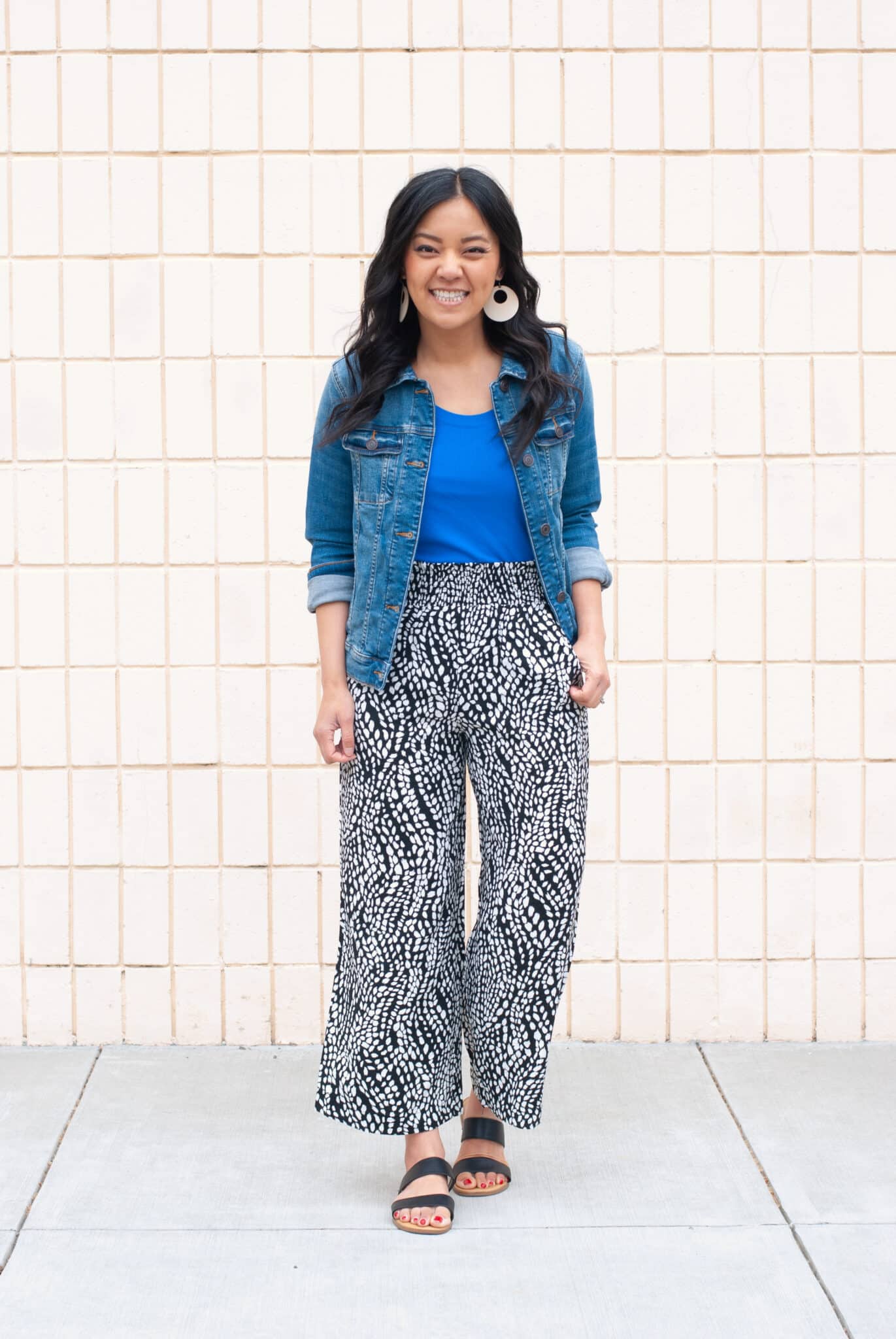 blue tank top + black and white patterned pants + denim jacket + putting me together + spring outfits with a denim jacket