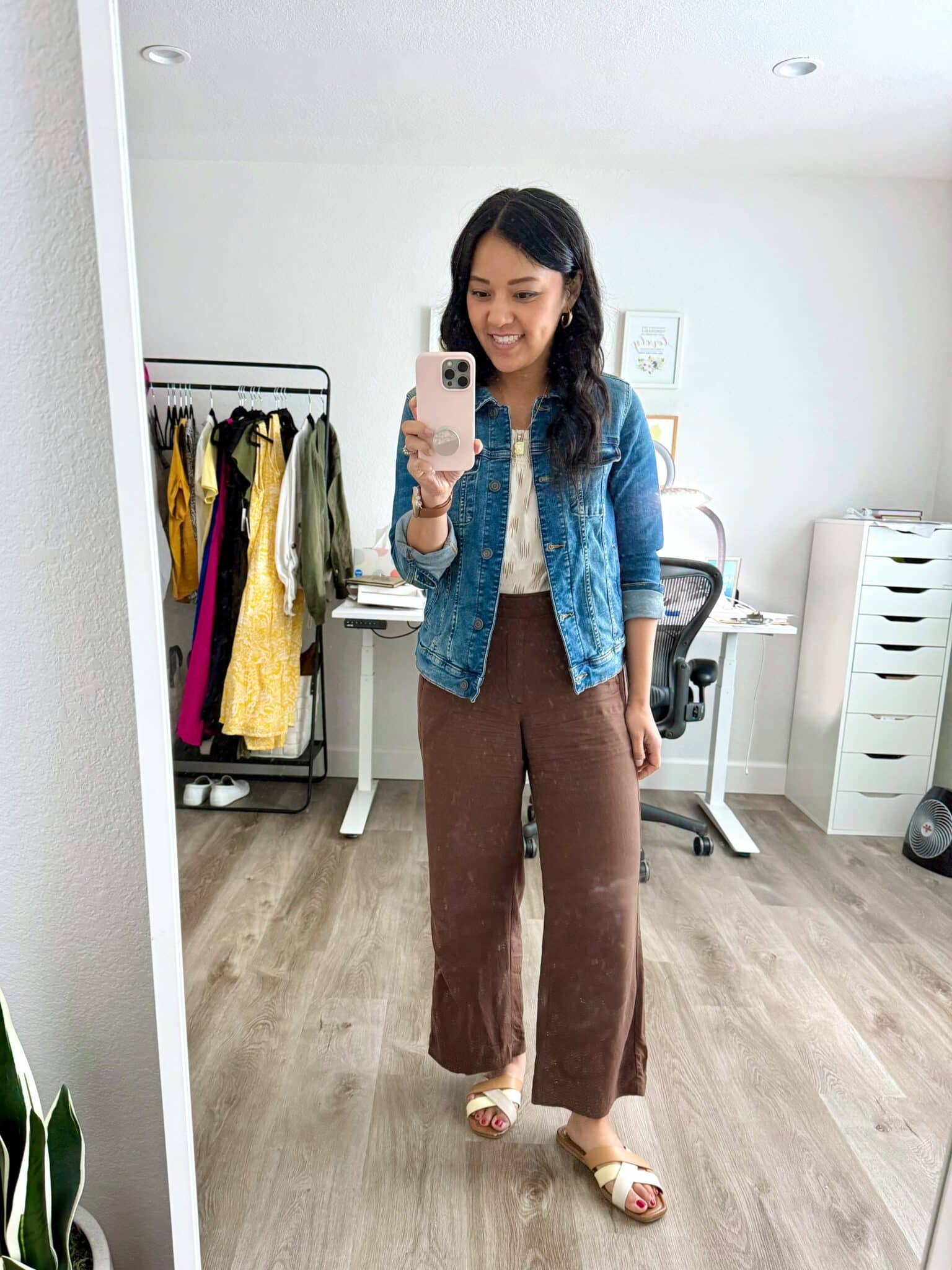 brown wide leg lightweight pants + white and brown top + denim jacket + putting me together + spring outfits with a denim jacket