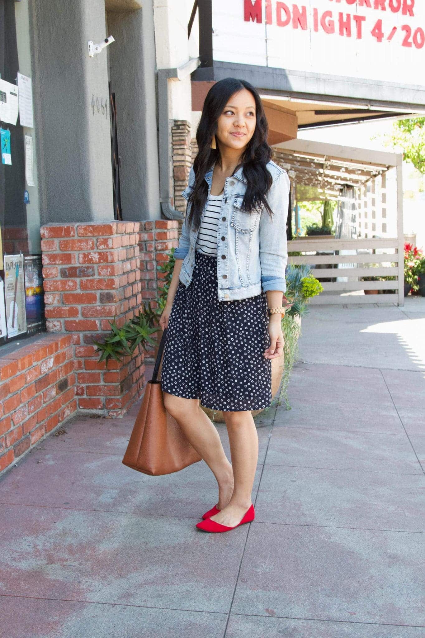 black and white striped tee + black polka dot skirt + red shoes + denim jacket + putting me together + spring outfits with a denim jacket