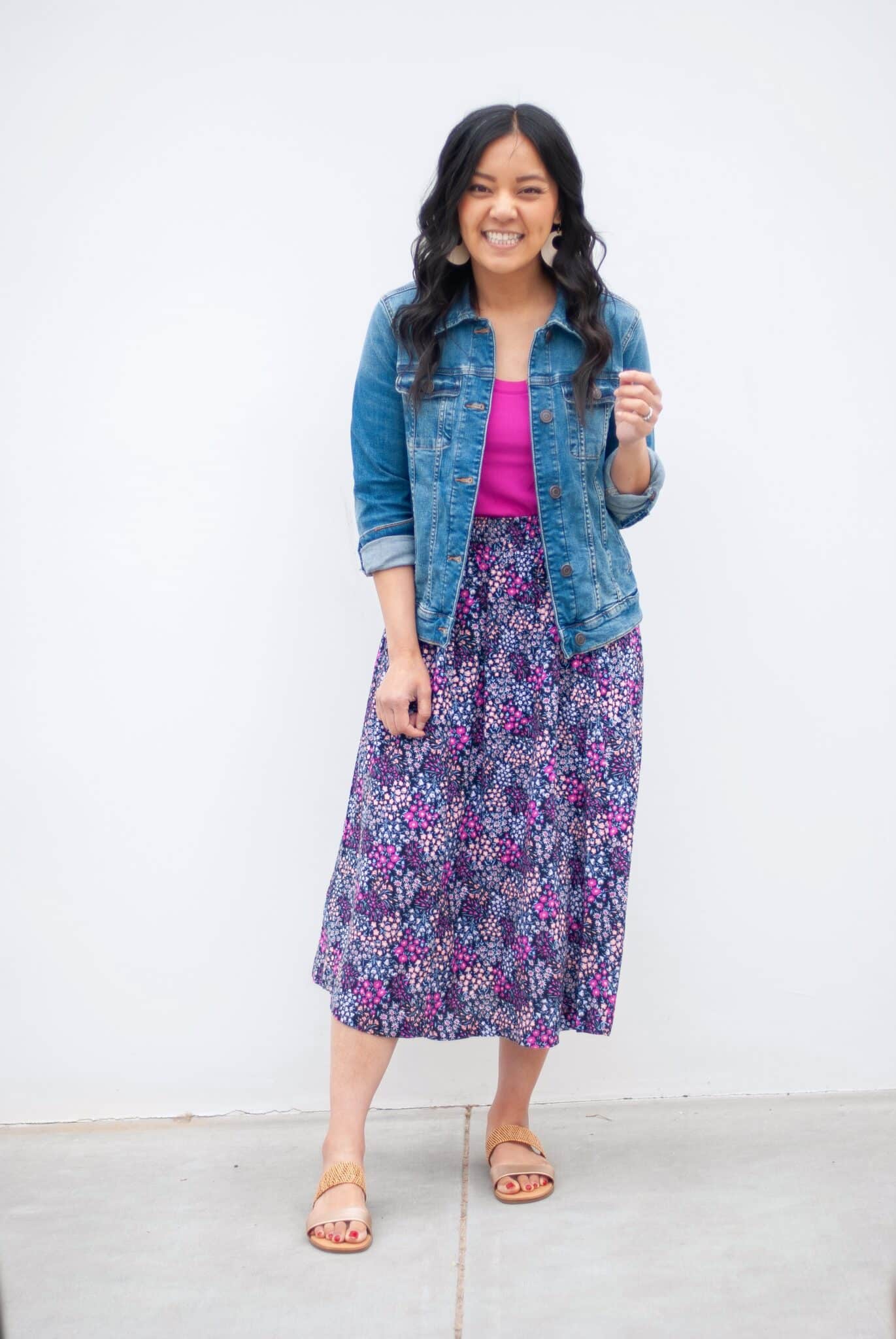 pink tank top + pink and purple and black skirt + denim jacket + putting me together + spring outfits with a denim jacket