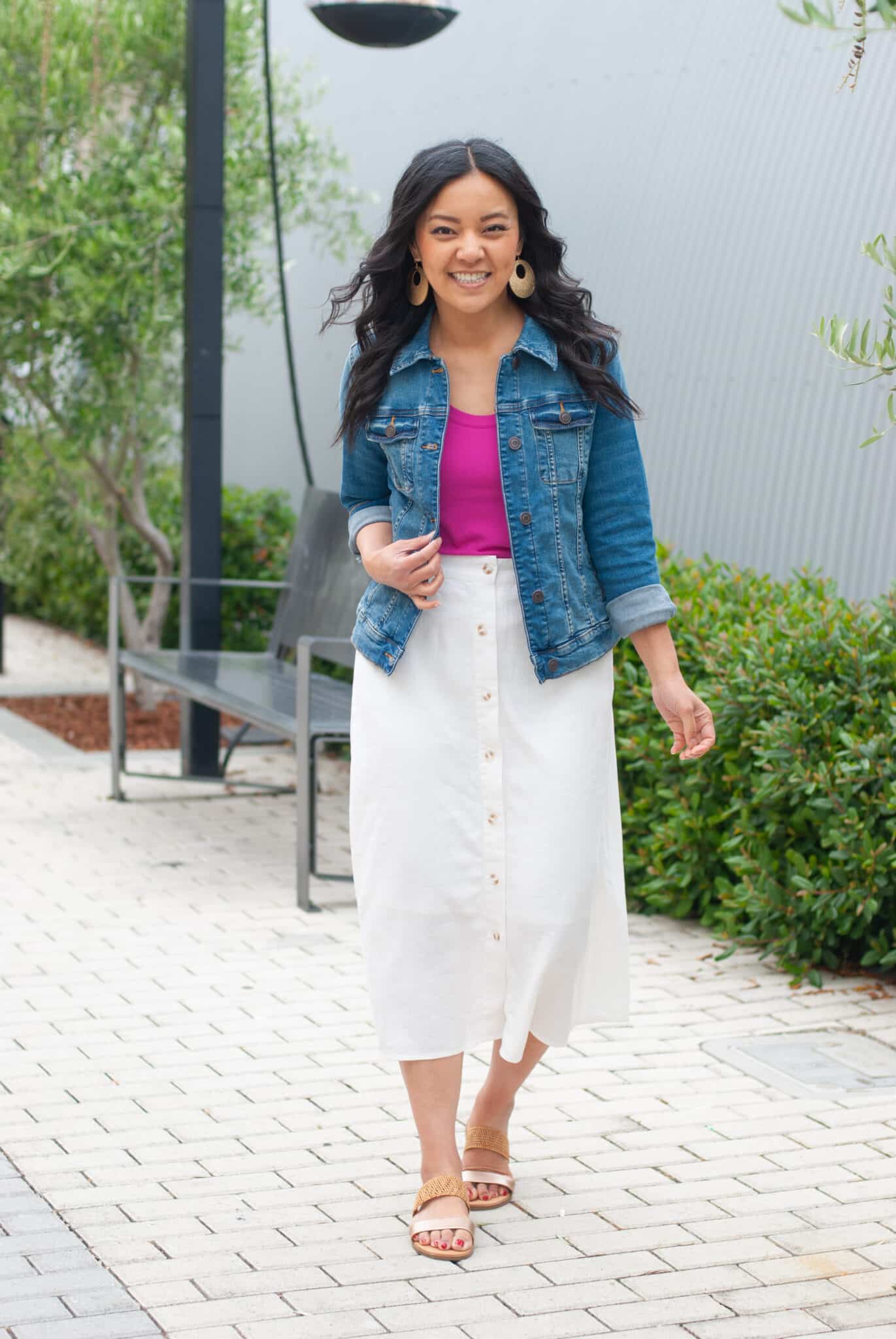 pink tank top + button up ivory skirt + denim jacket + putting me together + spring outfits with a denim jacket