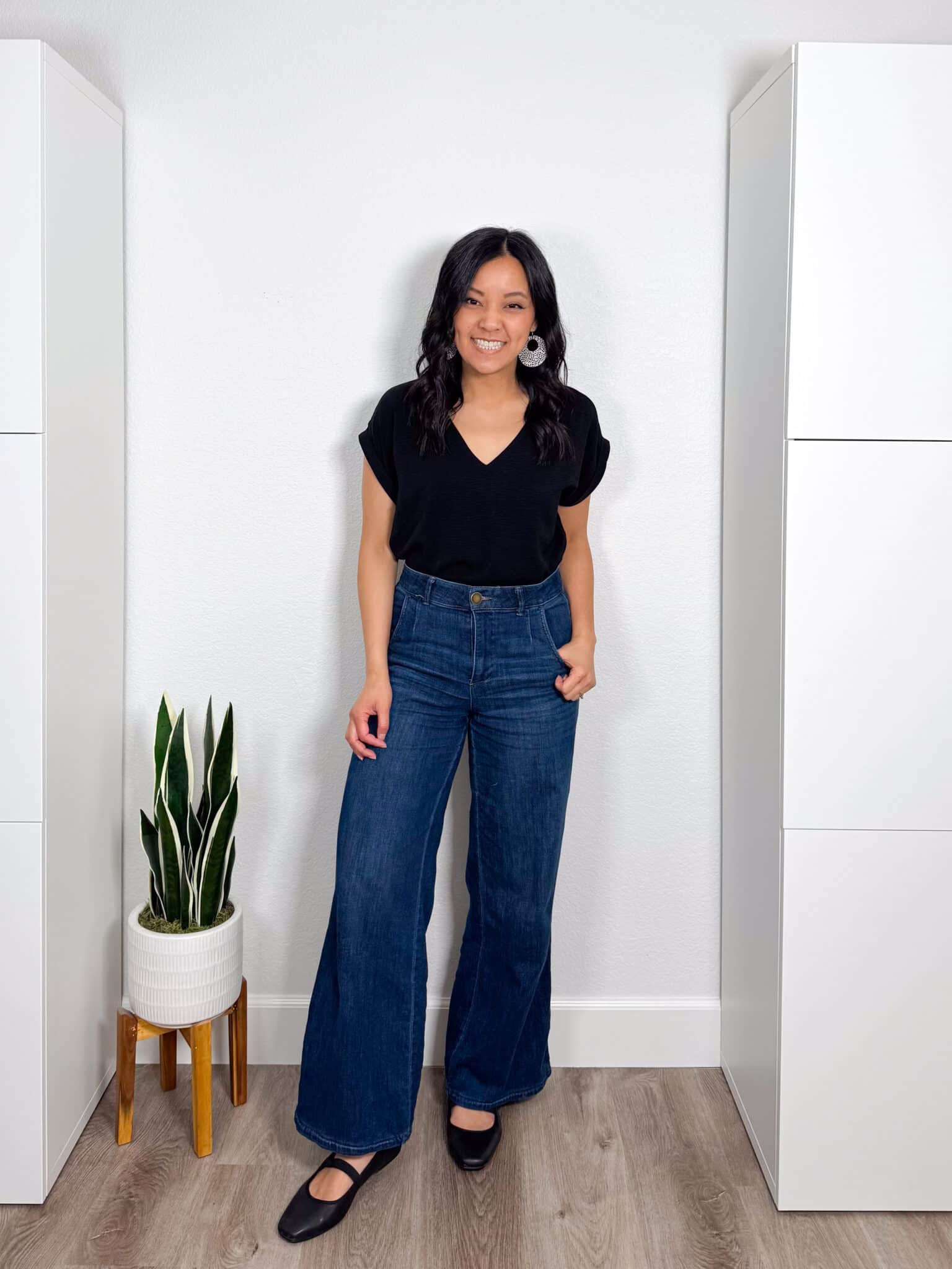 What Shoes to Wear With Wide Leg Jeans: How to Choose Shoes + Outfit Examples + what shoes to wear with wide leg jeans + putting me together + comfortable wide leg jeans + black top + affordable black mary jane flats