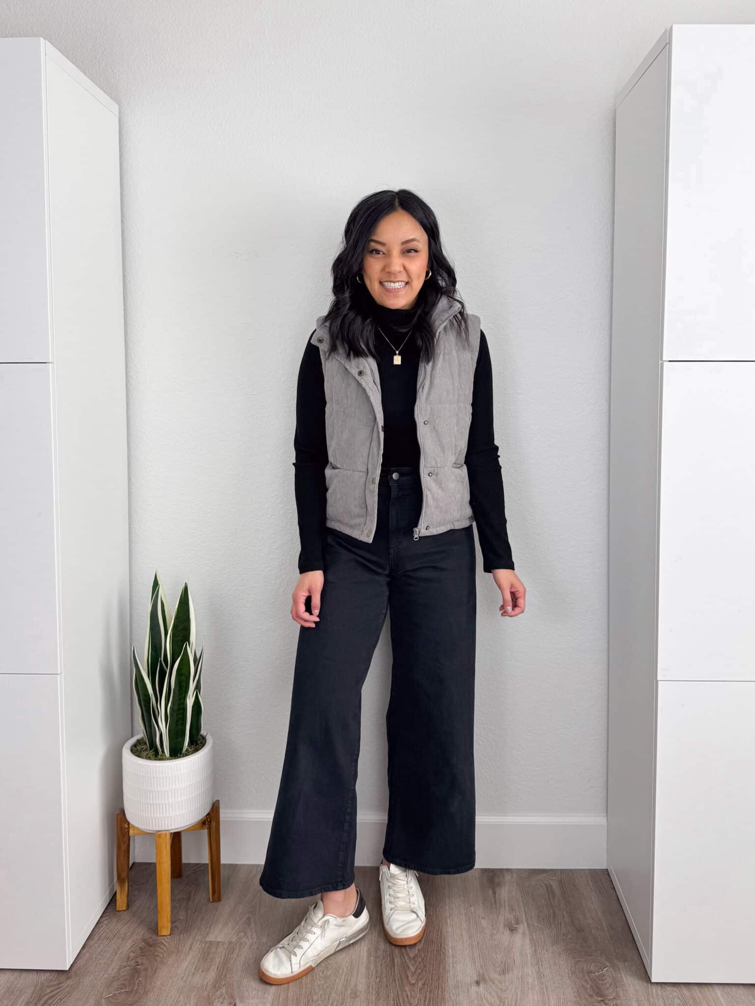 Black Turtleneck + Grey Corduroy Vest + Black Wide Leg Jeans + Sneakers + Casual Outfit + What Shoes to Wear With Wide Leg Jeans: How to Choose Shoes + Outfit Examples + what shoes to wear with wide leg jeans + putting me together