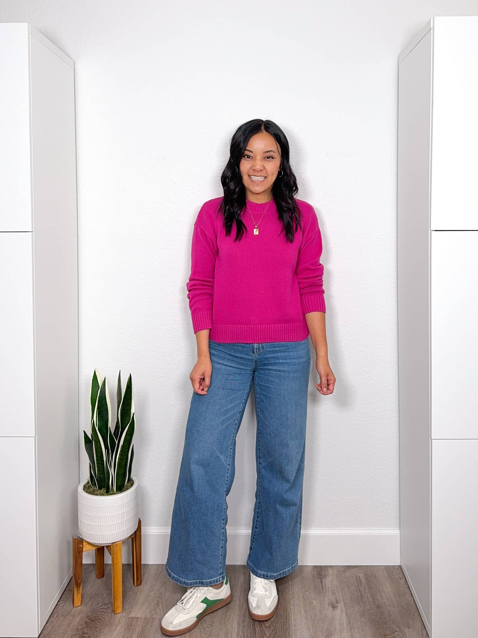 Hot Pink Sweater + Medium Wash Wide Leg jeans + Affordable White Sneakers + Casual Easygoing Outfit + What Shoes to Wear With Wide Leg Jeans: How to Choose Shoes + Outfit Examples + what shoes to wear with wide leg jeans + putting me together