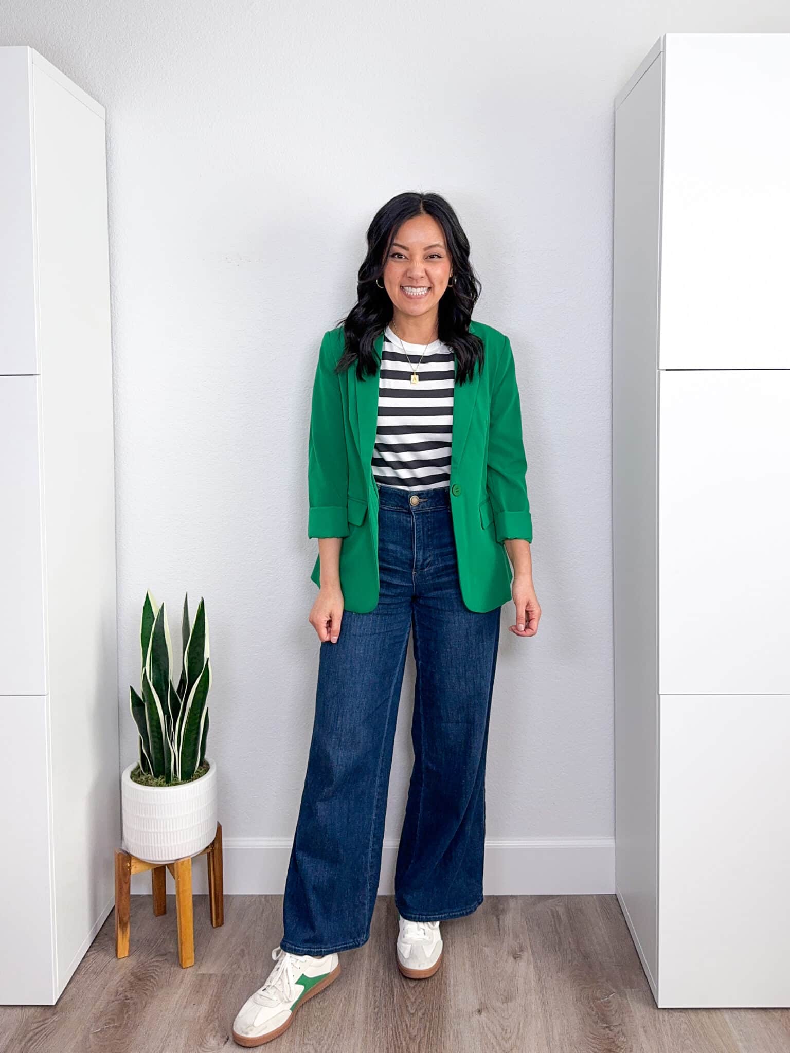 Green Blazer + Striped Tee + Dark Wash Wide Leg Jeans + Sneakers With Green Stripe + Casual Cool Outfit + What Shoes to Wear With Wide Leg Jeans: How to Choose Shoes + Outfit Examples + what shoes to wear with wide leg jeans + putting me together