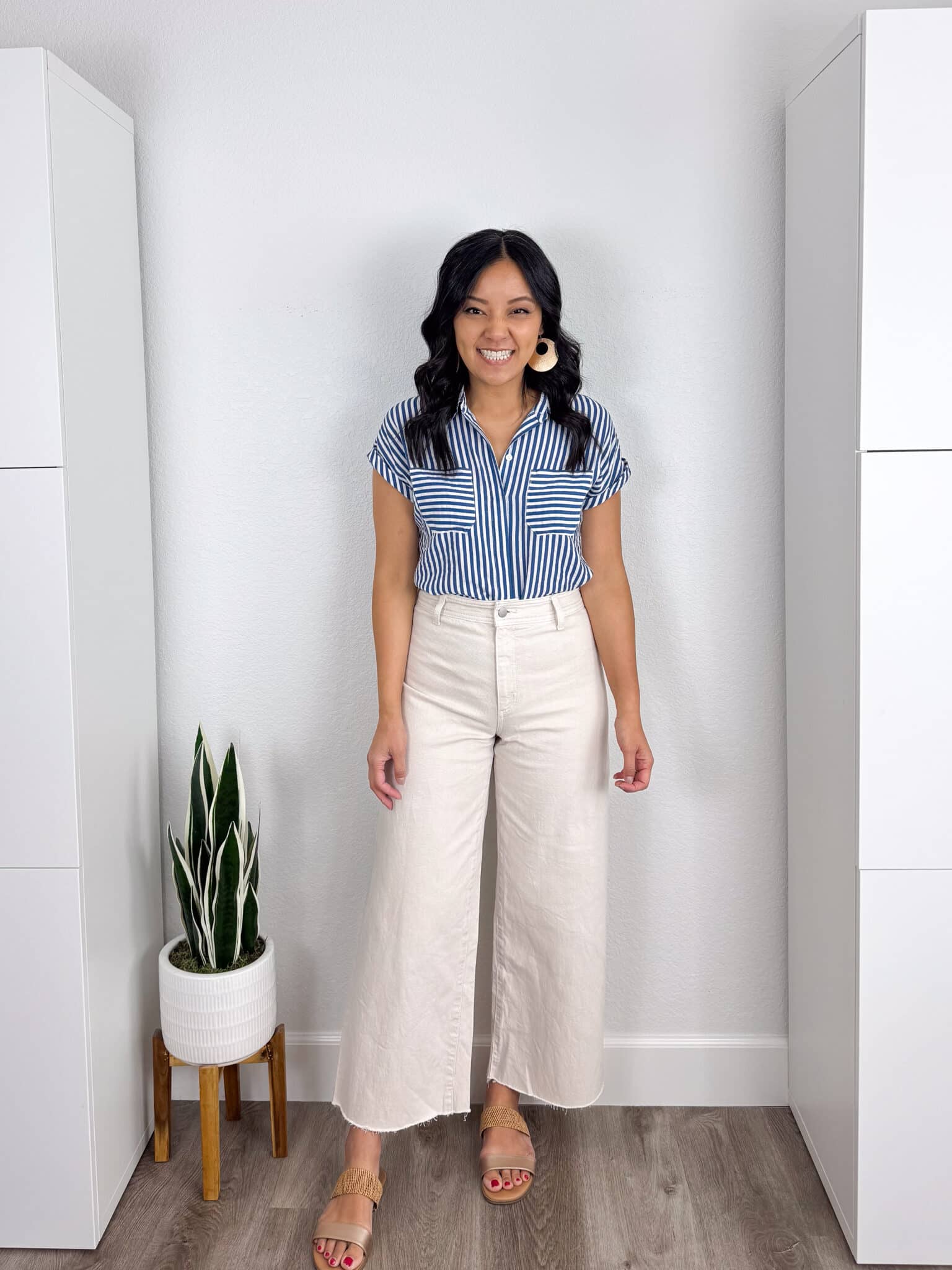 What Shoes to Wear With Wide Leg Jeans: How to Choose Shoes + Outfit Examples + what shoes to wear with wide leg jeans + putting me together + lightweight flattering white and blue striped blouse + white + white cropped wide leg jeans + metallic sandals