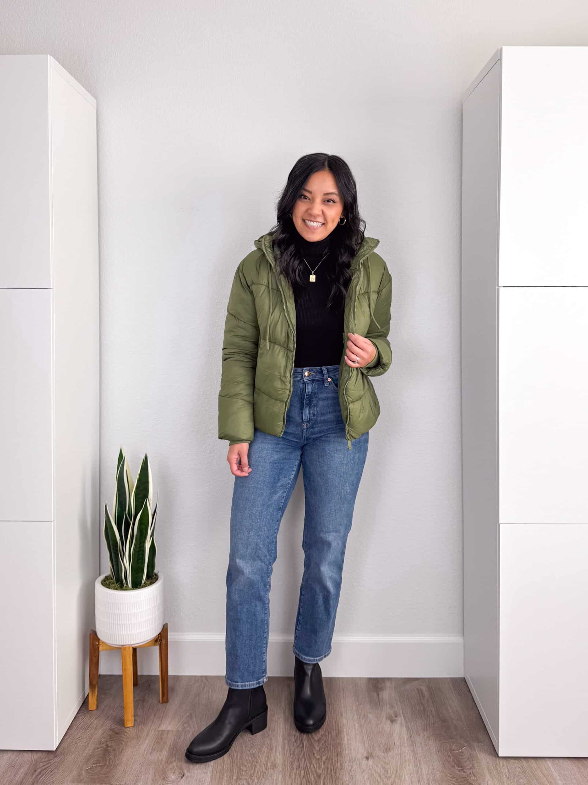 putting me together + straight leg medium wash jeans + black turtleneck + olive green puffer jacket + black boots + gold jewelry putting me together + medium wash straight leg jeans + black turtleneck + olive green puffer coat + black boots + gold jewelry