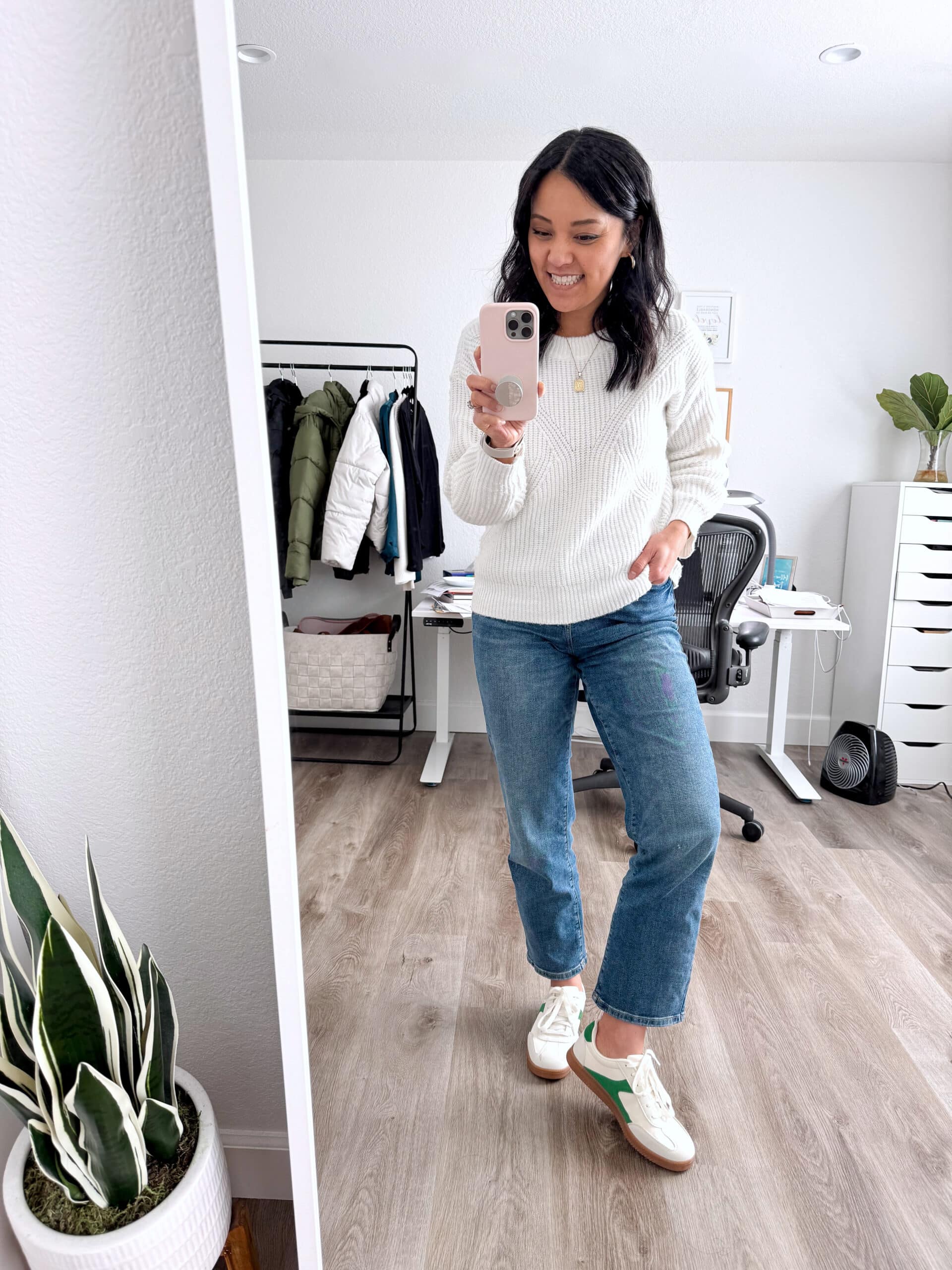 putting me together + straight leg medium wash jeans + ivory neutral sweater + white lifestyle sneakers + gold necklace + gold earrings putting me together + straight leg medium wash jeans + white neutral sweater + white lifestyle sneakers + gold necklace + gold earrings
