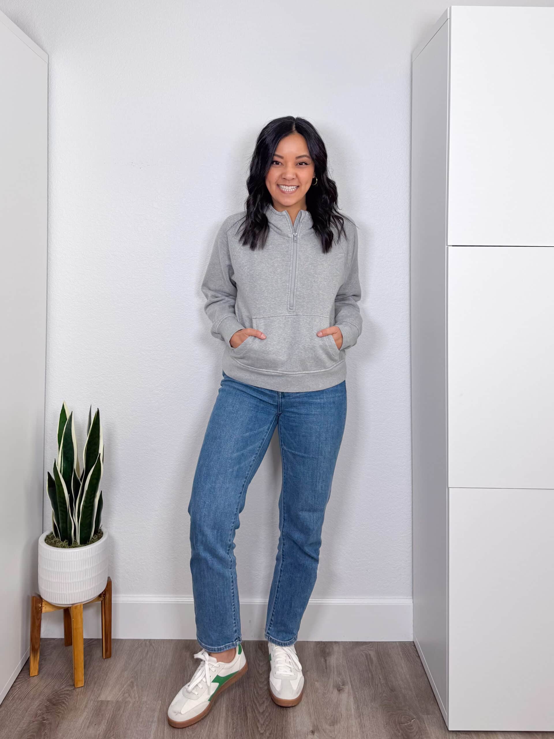 putting me together + medium wash straight leg jeans + gray quarter zip sweatshirt + white and green sneakers putting me together + medium wash straight leg jeans + gray quarter zip pullover + white and green sneakers