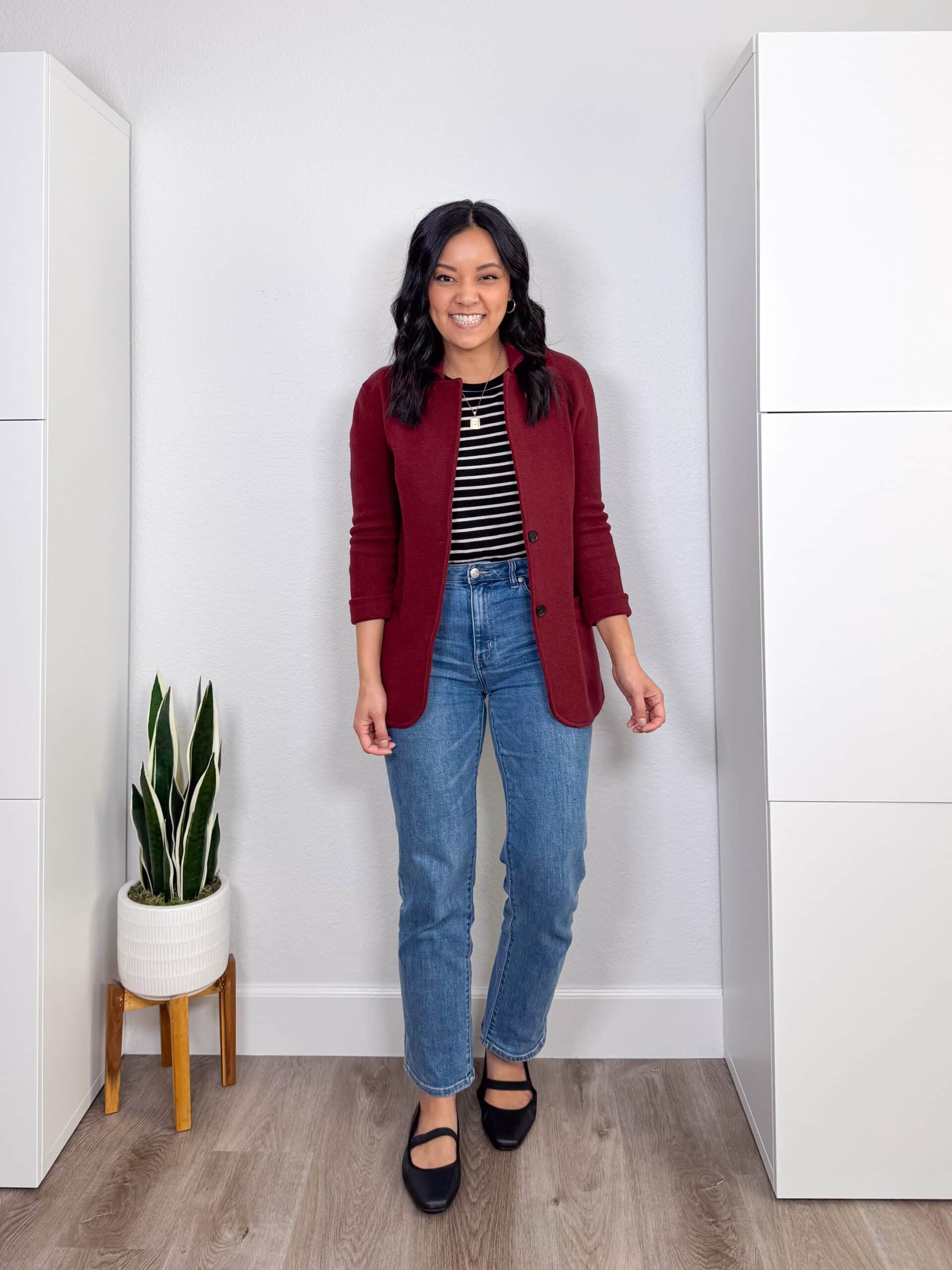 putting me together + solid colored red sweater blazer + straight leg medium wash jeans + black and white striped top + black mary jane flats + gold jewelry putting me together + solid colored burgundy sweater blazer + straight leg medium wash jeans + black and white striped top + black mary jane flats + gold jewelry