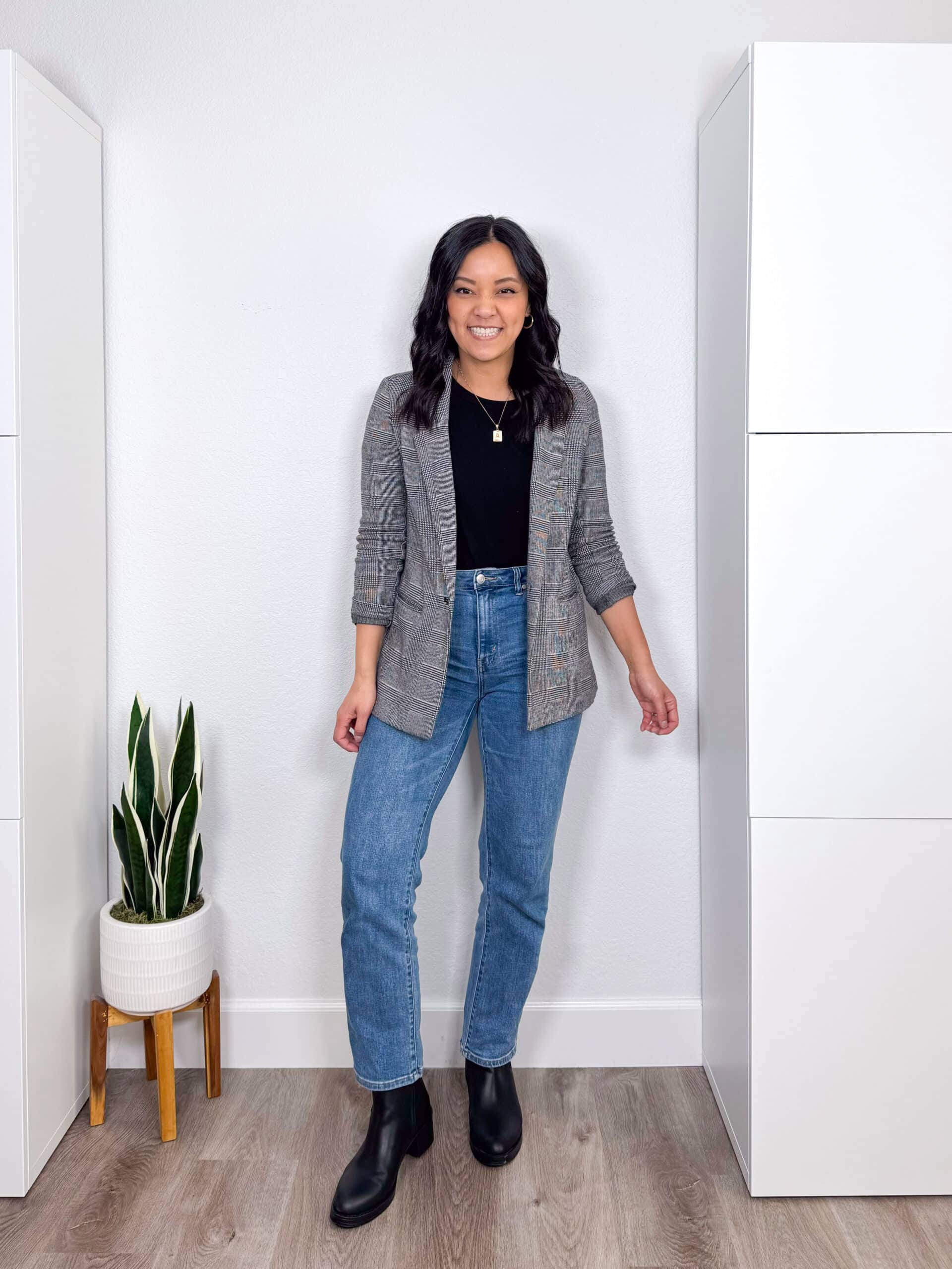 putting me together + medium wash straight leg jeans + black top + plaid blazer + black boots putting me together + medium wash straight leg jeans + black tee + plaid blazer + black boots
