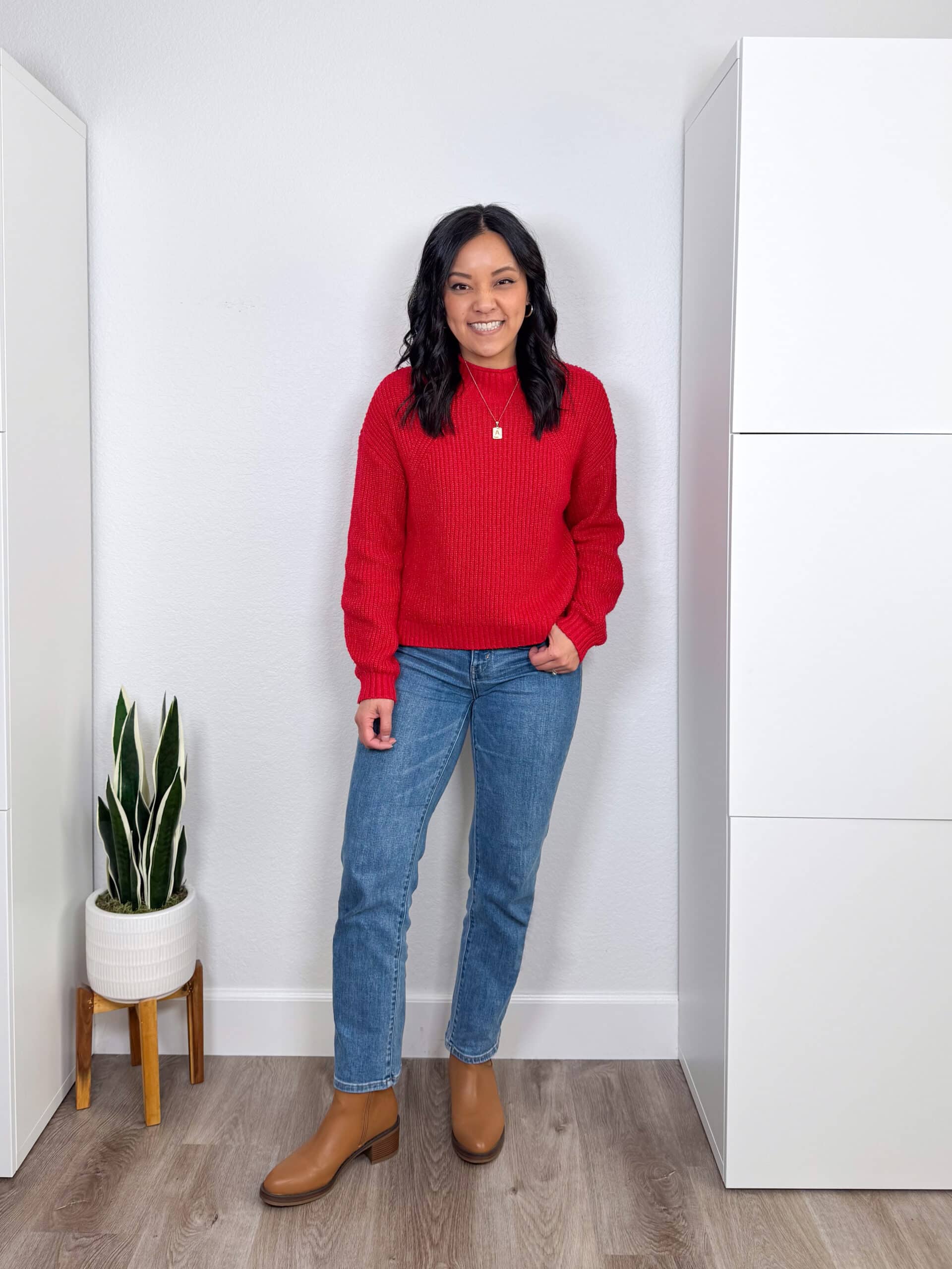 putting me together + straight leg medium wash jeans + solid colored sweater + brown boots + gold earrings + gold necklace putting me together + straight leg medium wash jeans + red sweater + brown boots