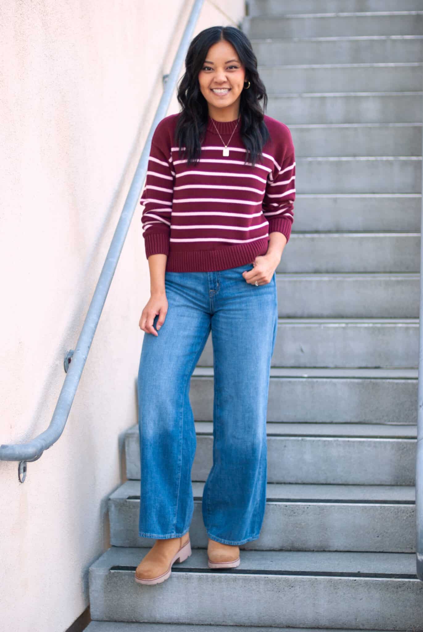What Shoes to Wear With Wide Leg Jeans: How to Choose Shoes + Outfit Examples + what shoes to wear with wide leg jeans + putting me together + soft burgundy striped sweater + wide leg jeans + tan lug sole boots