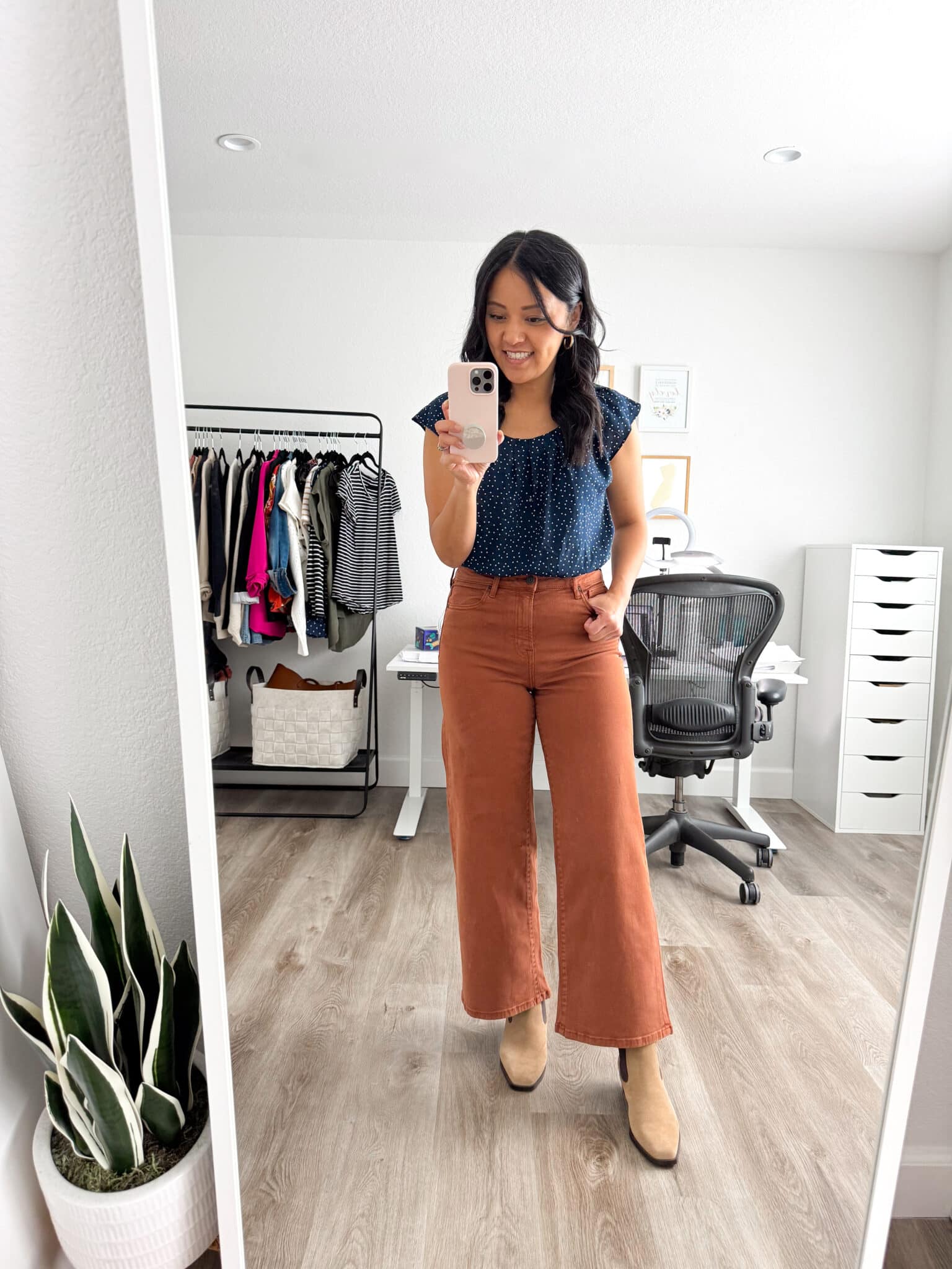 What Shoes to Wear With Wide Leg Jeans: How to Choose Shoes + Outfit Examples + what shoes to wear with wide leg jeans + putting me together + navy top + orange pants + tan suede water resistant boots