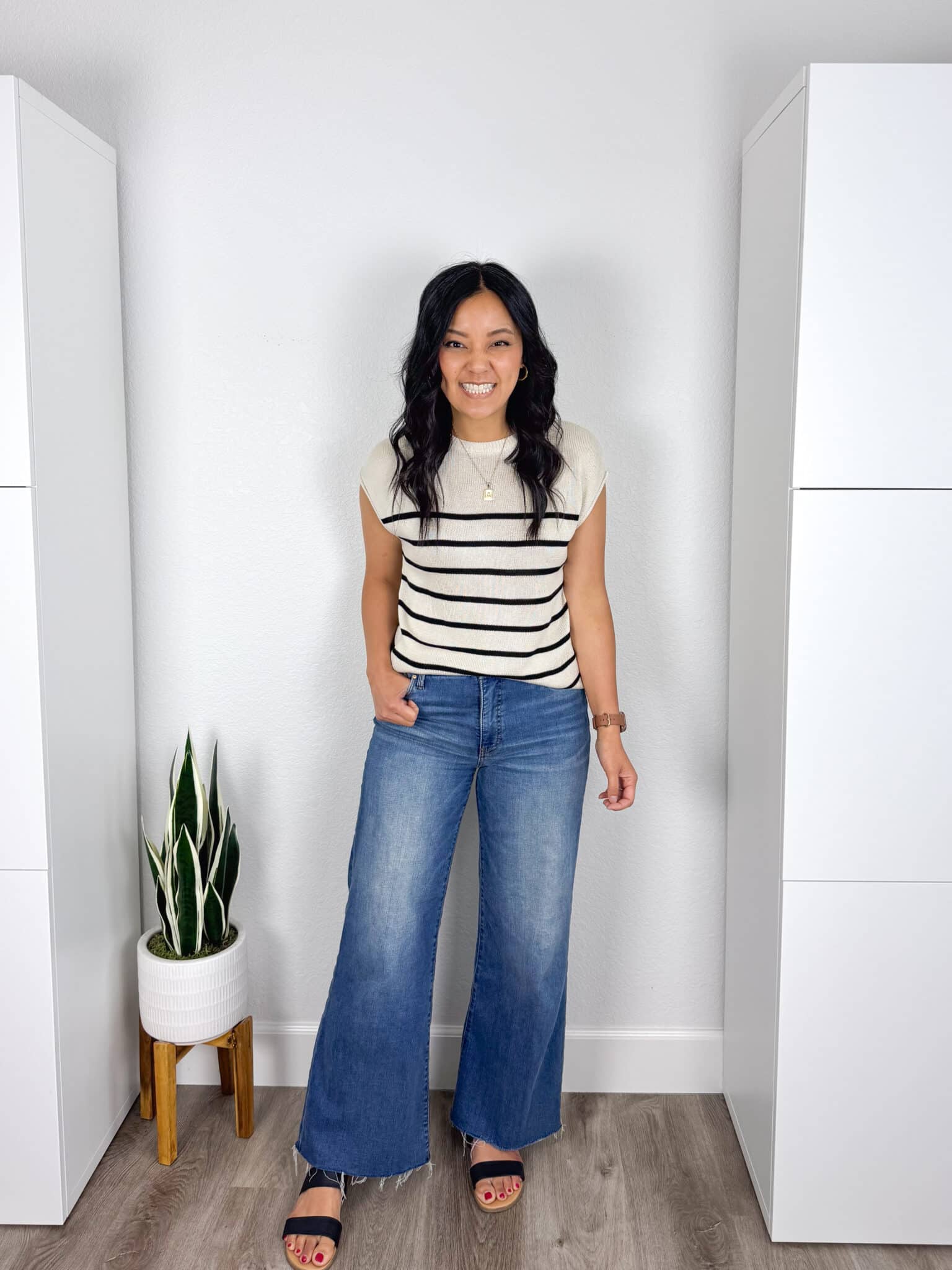 My BEST Pants Recommendations for Spring & Summer + best pants for spring & summer + My BEST Pants for Spring & Summer That You'll Want to Live In + putting me together + white and black striped short sleeve sweater + comfortable wide leg jeans + black sandals + gold hoop earrings