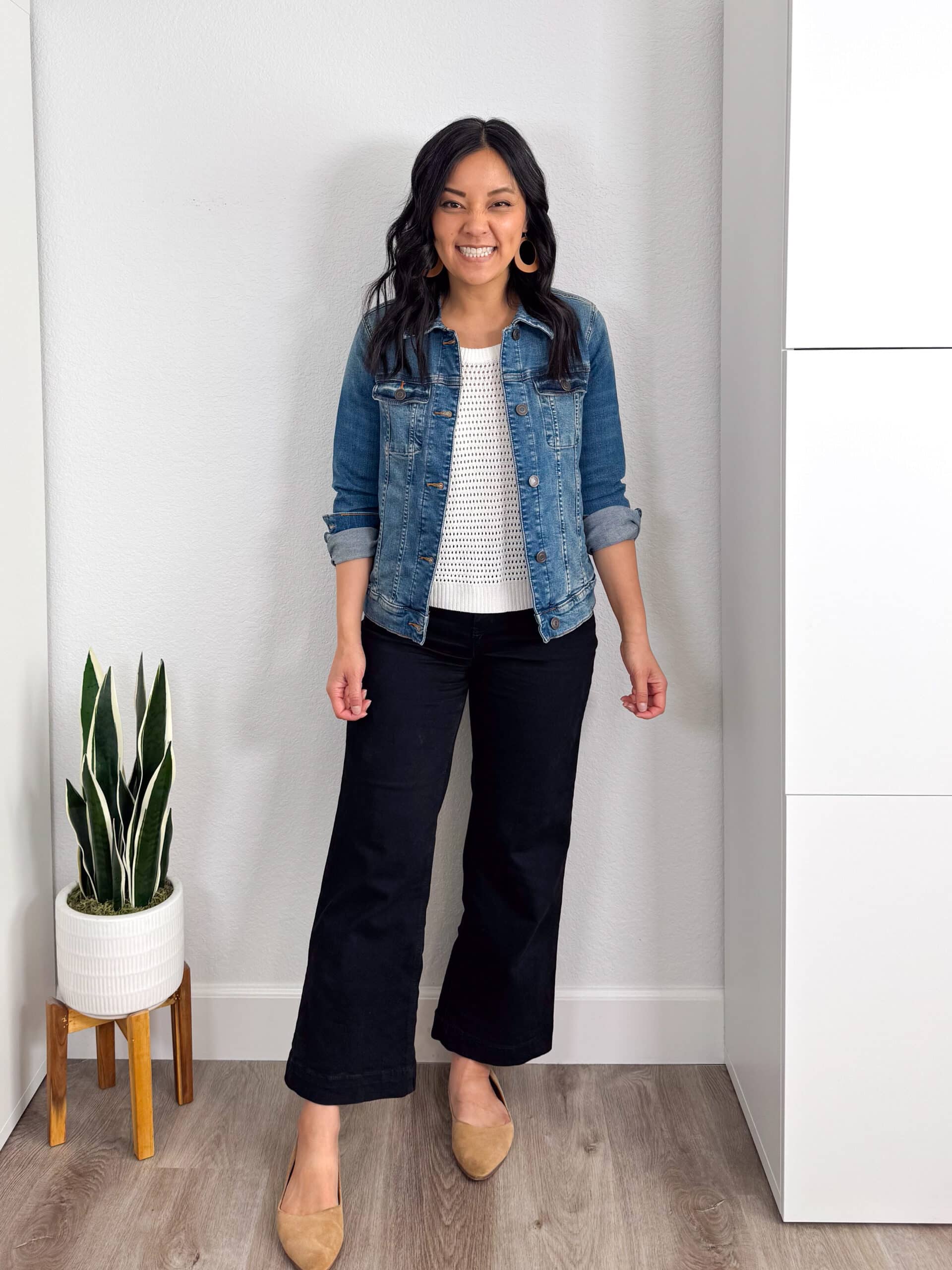 white pointelle short sleeve sweater + black wide leg pants + denim jacket + putting me together + spring outfits with a denim jacket