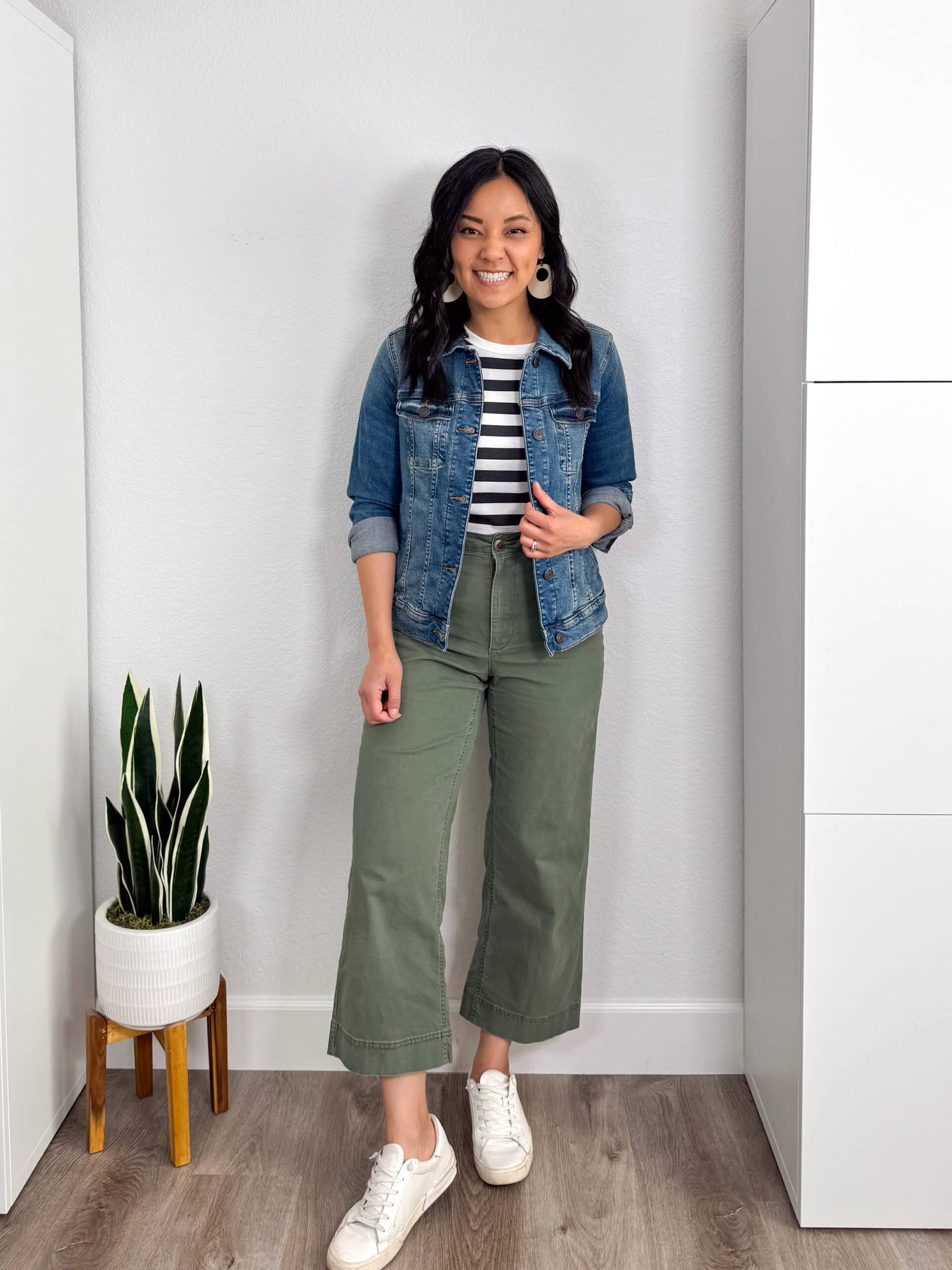 black and white striped tee + olive green cropped wide leg pants + denim jacket + putting me together + spring outfits with a denim jacket