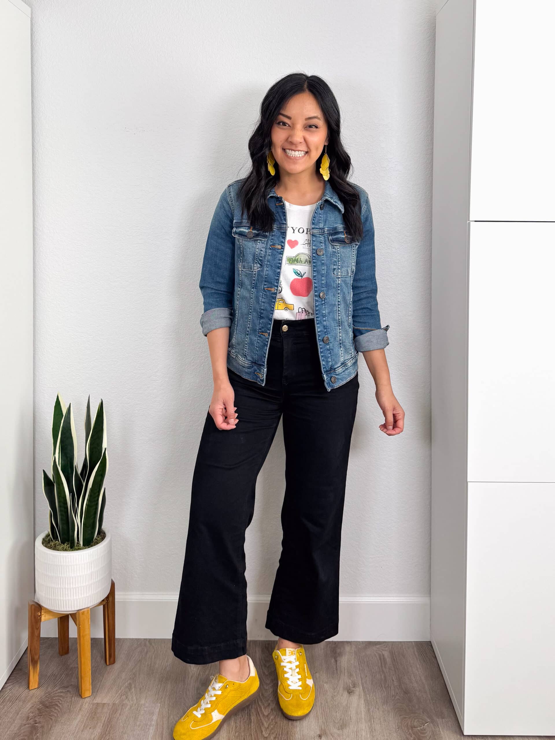 white graphic tee + black wide leg cropped pants + yellow sneakers + denim jacket + putting me together + spring outfits with a denim jacket