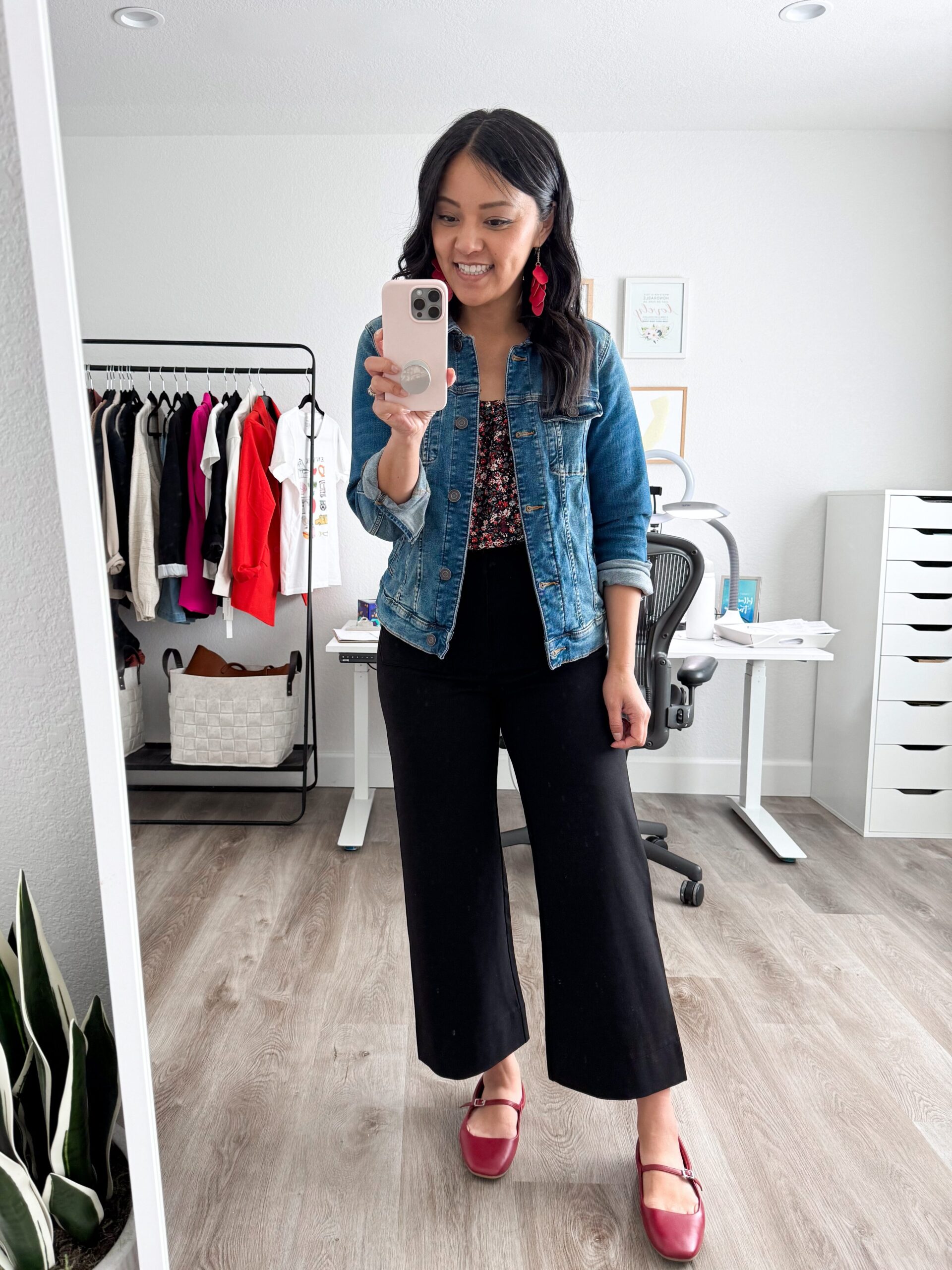 black red white pink floral top + black wide leg pants + denim jacket + red mary jane shoes + putting me together + spring outfits with a denim jacket