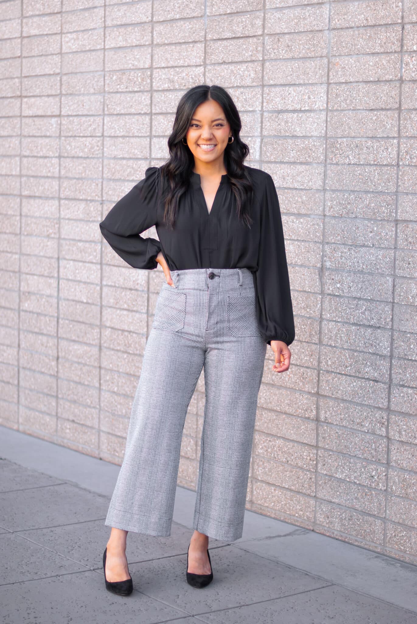 11 Wardrobe Essentials for Women Over 40 The Key Pieces That Make Looking Polished Easy + wardrobe essentials for women over 40 + putting me together + easy to wear black blouse + black and white plaid cropped pants + black heels