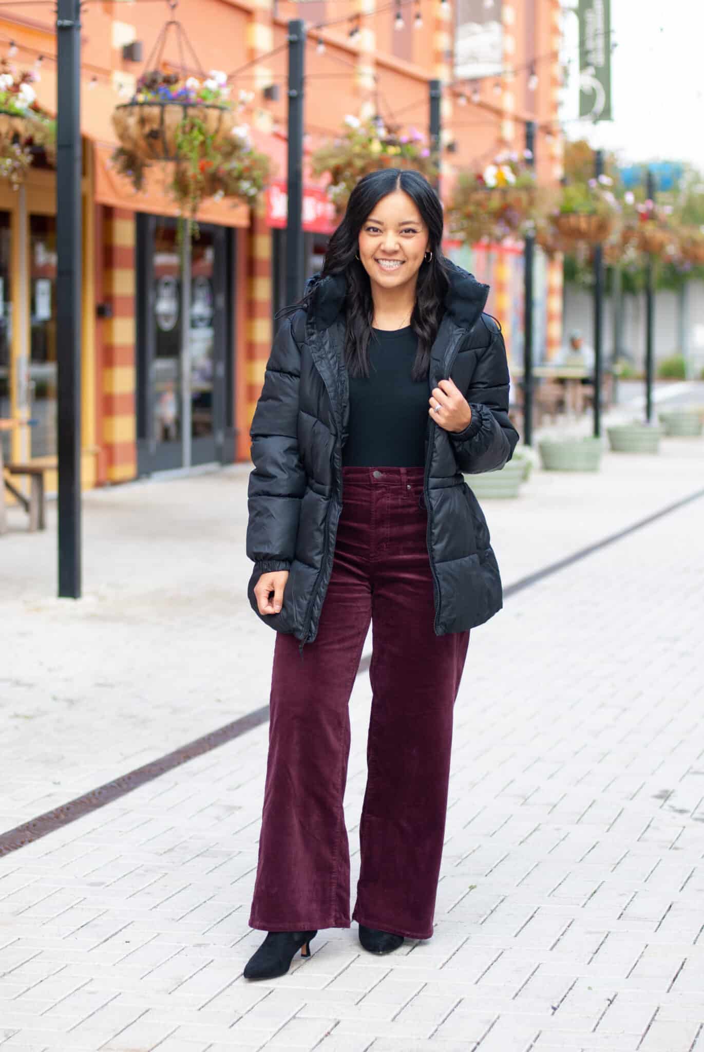 holiday outfits for casual gatherings + Easygoing Holiday Outfits for Casual Gatherings (That Still Look Cute) + 50-70% Off Everything with Gap Factory!!! + putting me together + soft velvet burgundy pants + easy to wear black long sleeve tee shirt + black puffer coat