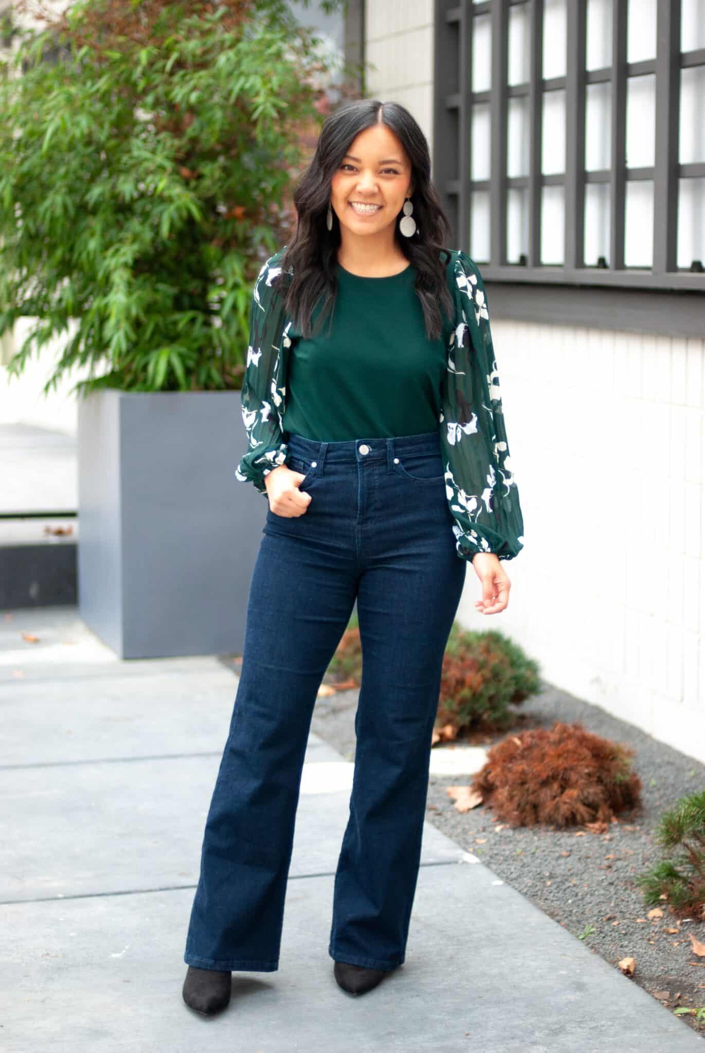 Dressy Casual Flare Jeans Outfit Green Blouse With Pleated Sleeves Black Pointed Toe Boots
