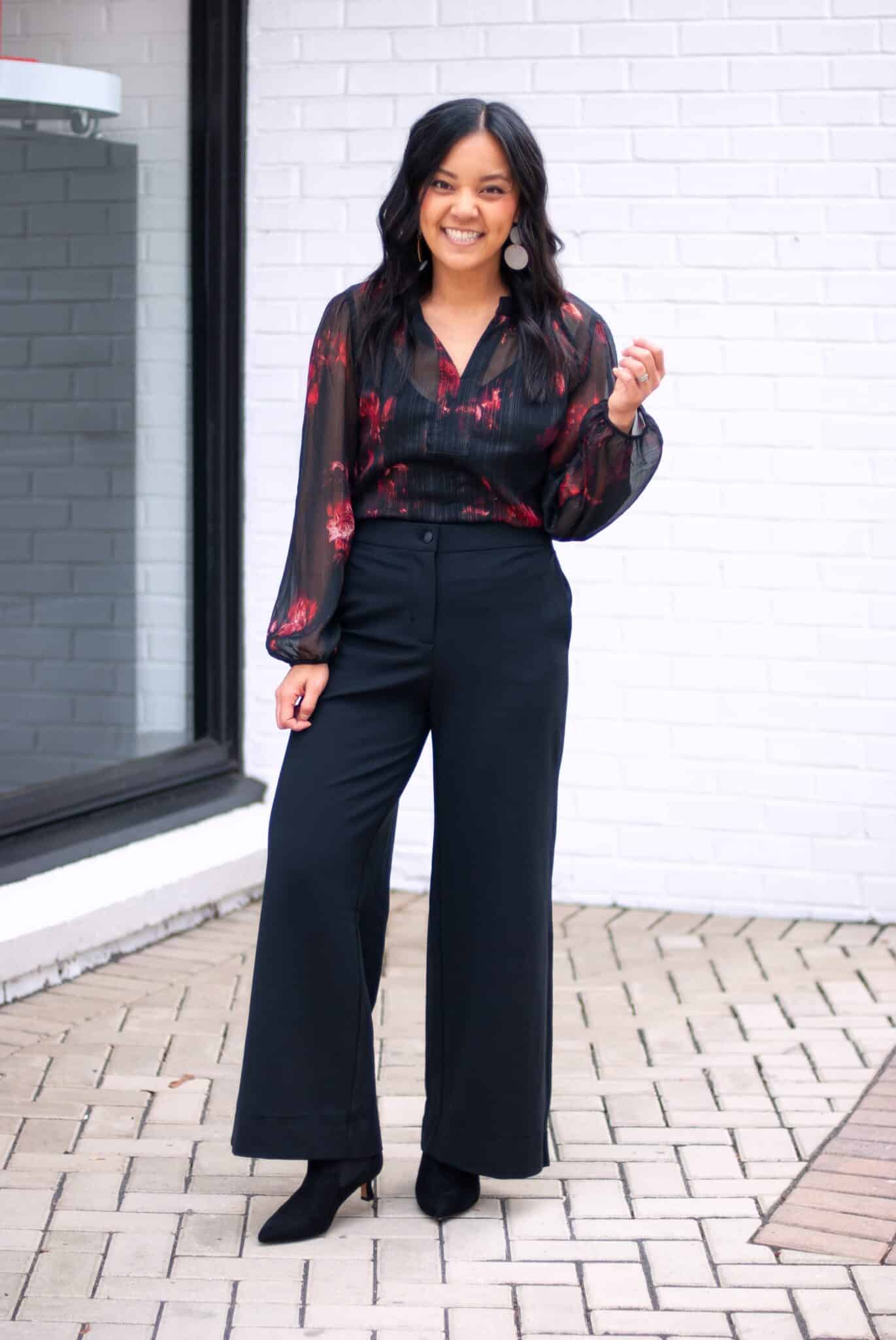8 Pieces to Easily Feel Ready and Pulled Together for Every Holiday Event + 25% Off!! + holiday style checklist + putting me together + dressy red and black blouse + black wide leg trousers + dressy black suede boots