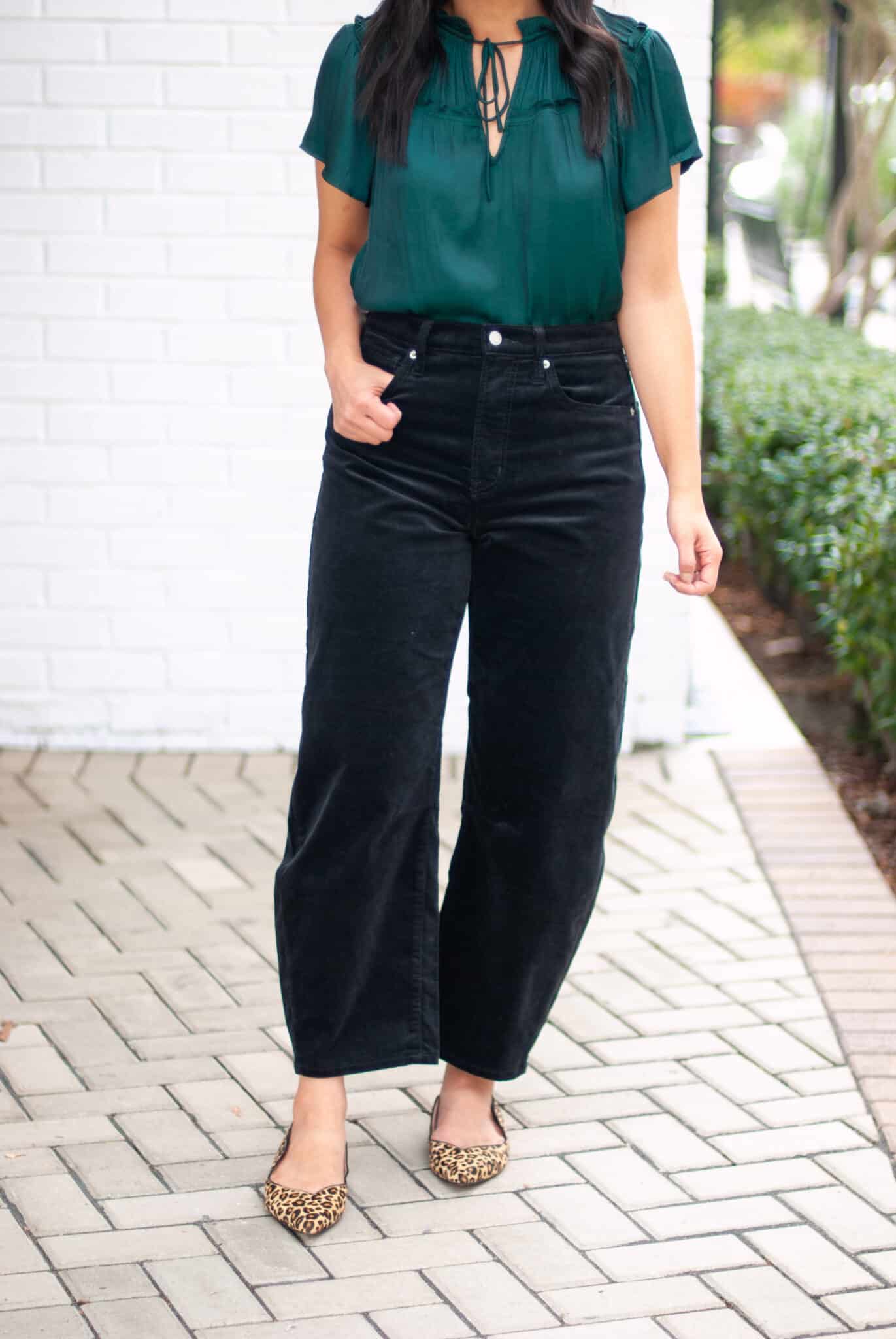 holiday outfits for casual gatherings + Easygoing Holiday Outfits for Casual Gatherings (That Still Look Cute) + 50-70% Off Everything with Gap Factory!!! + putting me together + green satin top + comfy black velvet barrel leg pants + leopard print shoes