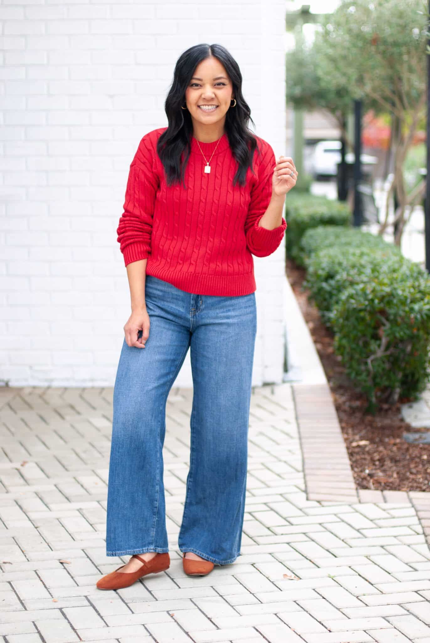 holiday outfits for casual gatherings + Easygoing Holiday Outfits for Casual Gatherings (That Still Look Cute) + 50-70% Off Everything with Gap Factory!!! + putting me together + festive holiday red sweater + comfortable and soft wide leg jeans + mary jane shoes