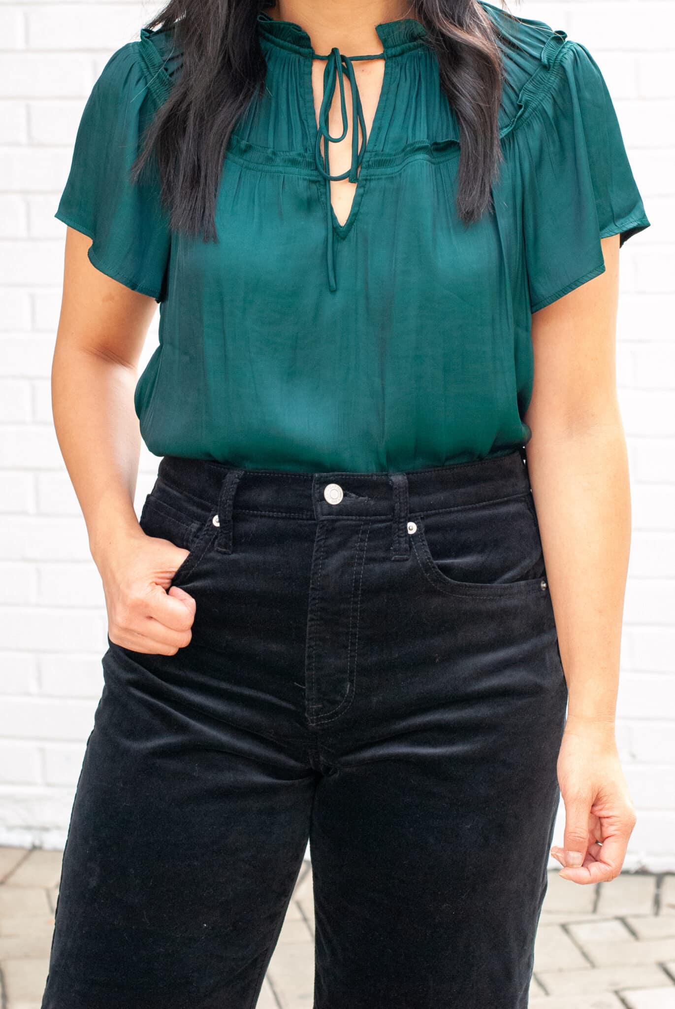 holiday outfits for casual gatherings + Easygoing Holiday Outfits for Casual Gatherings (That Still Look Cute) + 50-70% Off Everything with Gap Factory!!! + putting me together + green dressy blouse + comfy black velvet barrel leg pants