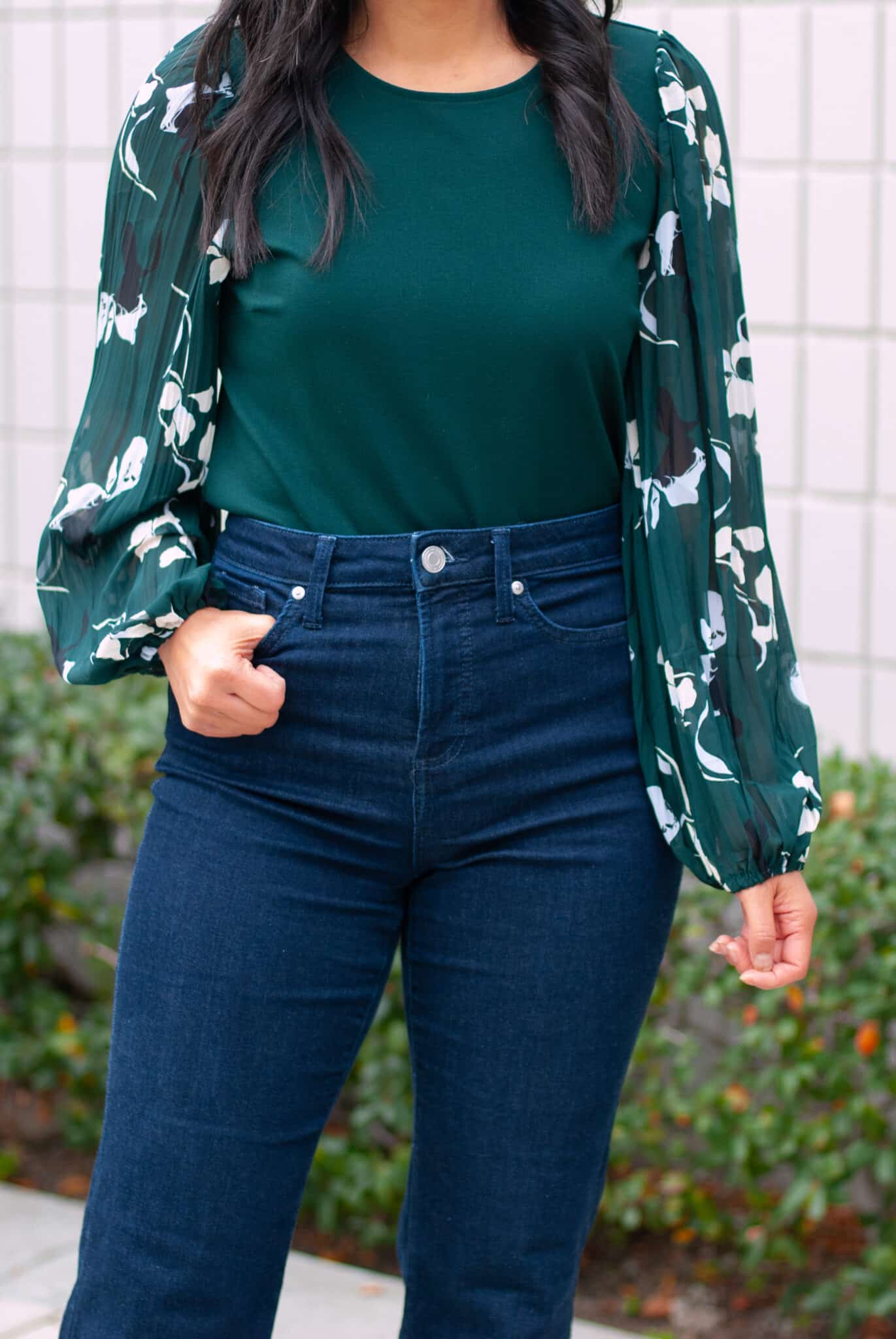 Dressy Casual Holiday Outfit Green Blouse Dark Wash Flare Jeans Close Up