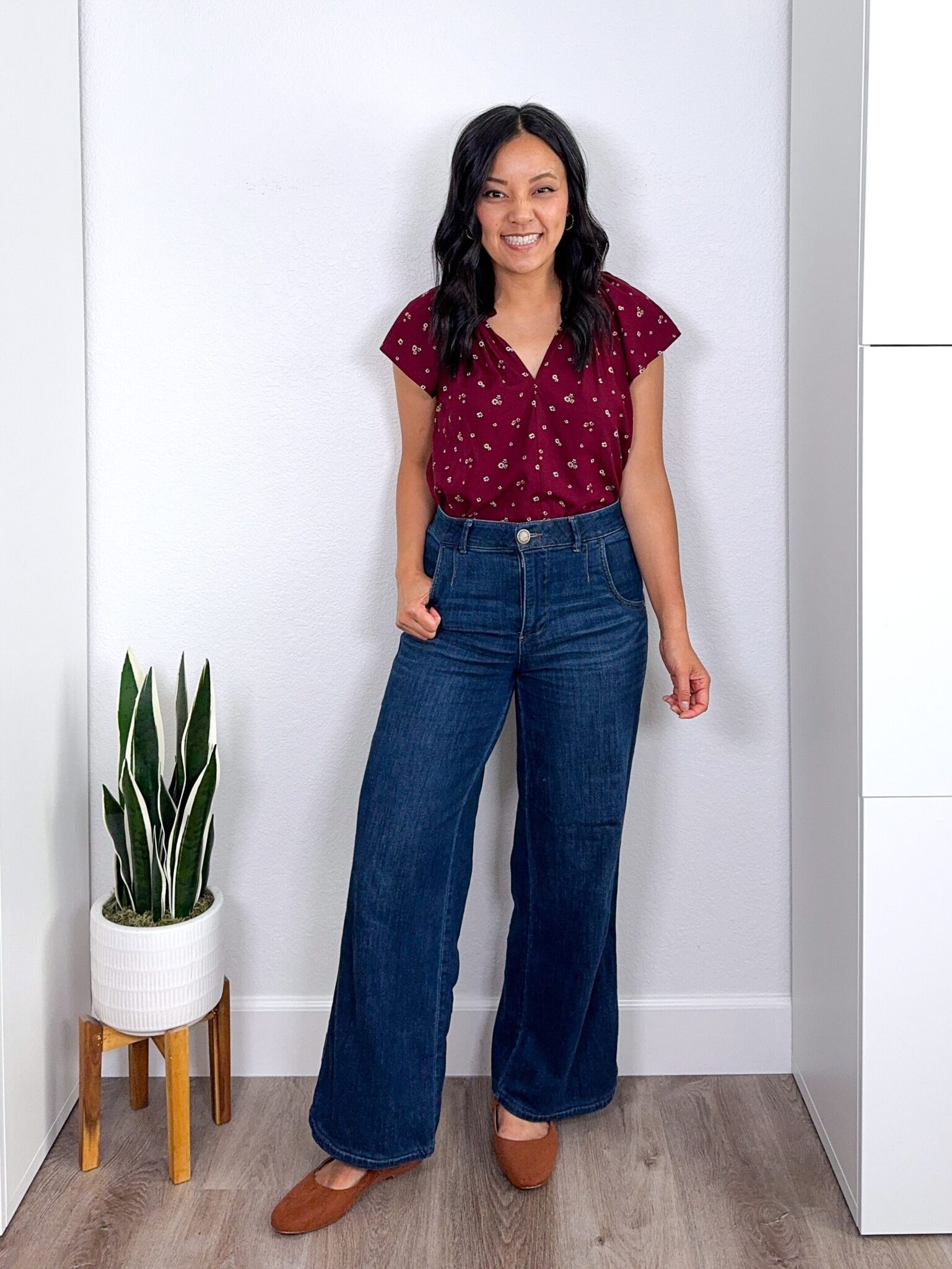 11 Wardrobe Essentials for Women Over 40 The Key Pieces That Make Looking Polished Easy + wardrobe essentials for women over 40 + putting me together + easy to wear burgundy blouse + tan mary jane flats + comfortable wide leg jeans with a stretchy waistband