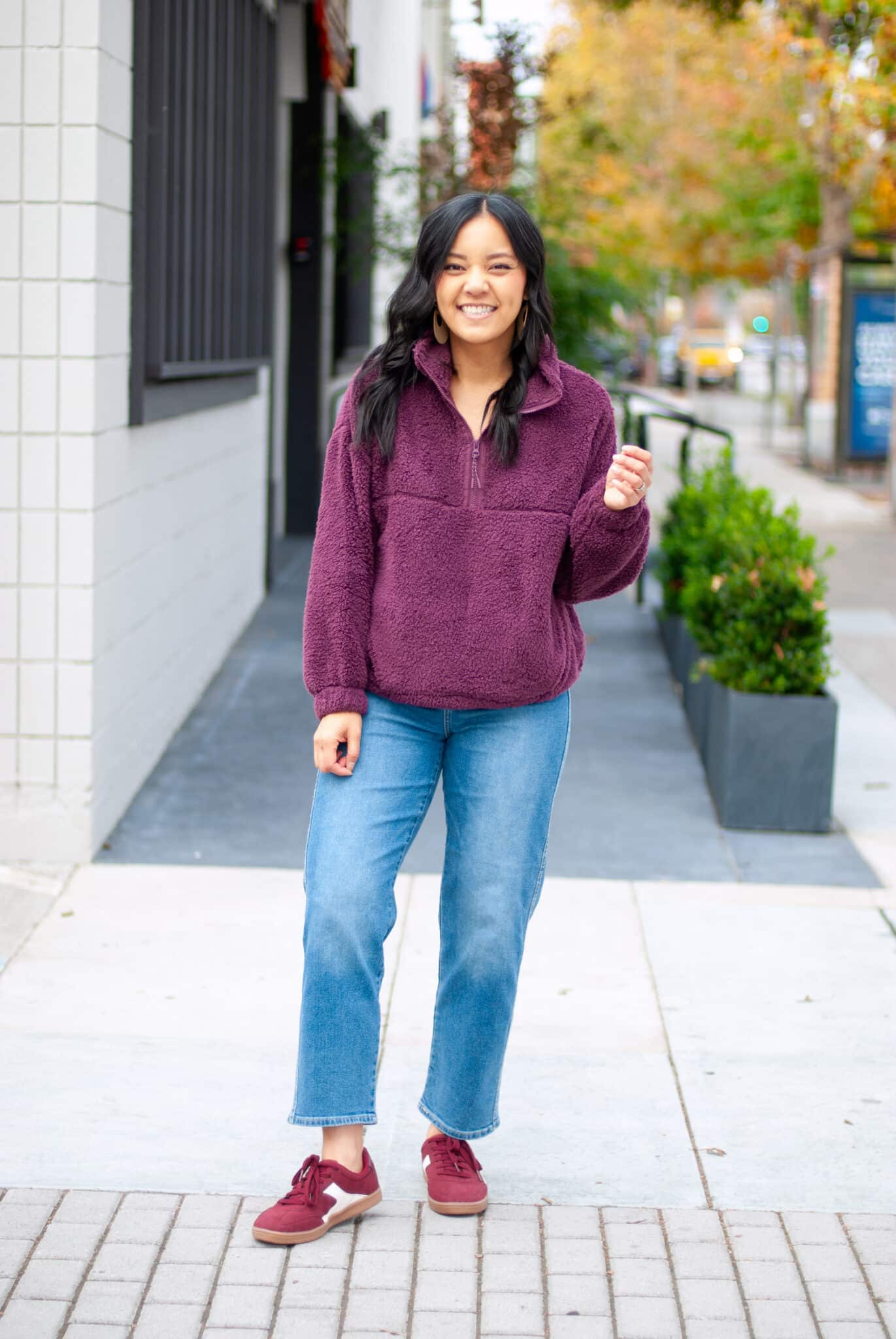 Best of 2025: Top Sellers & Most Loved Posts + putting me together + top sellers and most loved posts + cozy plush burgundy pullover + straight leg jeans + burgundy sneakers