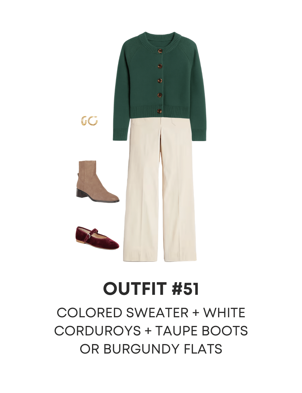 Four Easy Casual Winter Outfits to Copy From the NEW Winter Wardrobe Guide — NOW AVAILABLE! + easy casual winter outfits to copy + putting me together + green button up cardigan sweater + white pants + tan boots + burgundy flats