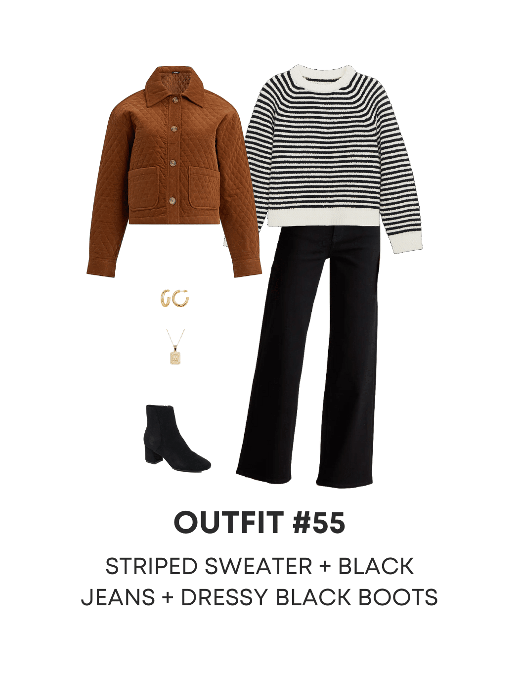 Four Easy Casual Winter Outfits to Copy From the NEW Winter Wardrobe Guide — NOW AVAILABLE! + easy casual winter outfits to copy + putting me together + brown quilted jacket + white and black striped sweater + easy to wear black jeans + black suede boots