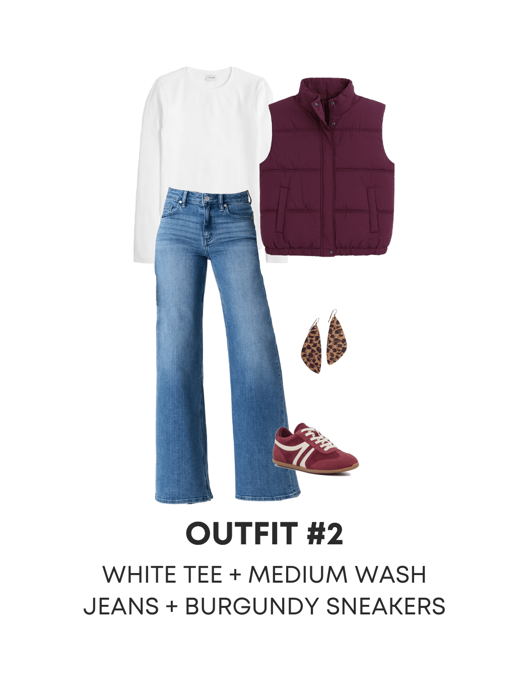 Four Easy Casual Winter Outfits to Copy From the NEW Winter Wardrobe Guide — NOW AVAILABLE! + easy casual winter outfits to copy + putting me together + comfortable wide leg jeans + versatile white t shirt + burgundy vest + burgundy shoes