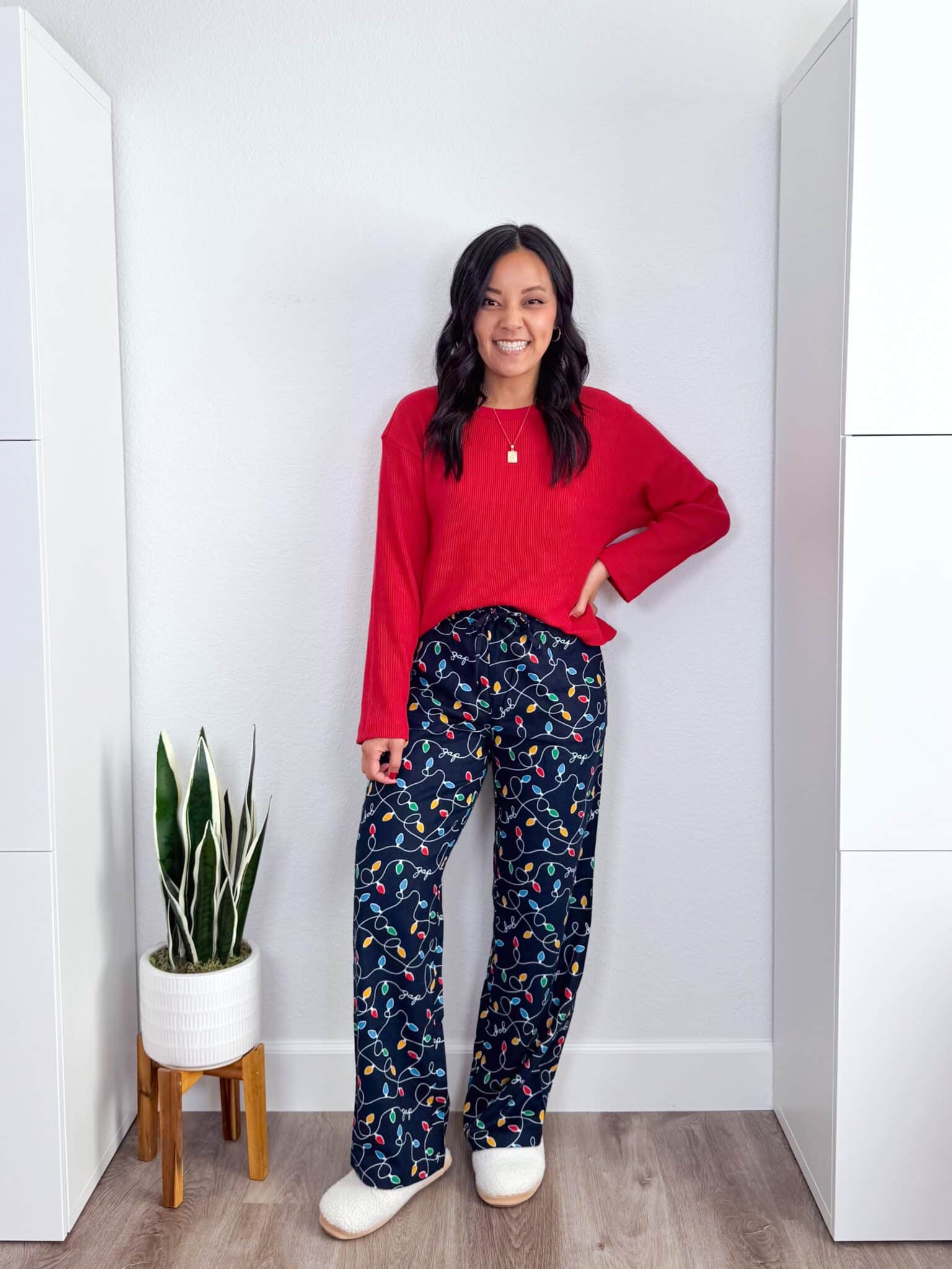 3 Easy, Comfy, and Cozy Outfits for Christmas Day — EVERYTHING 60% Off + EXTRA 15% Off + outfits for christmas day + putting me together + soft waffle knit red shirt + cozy festive flannel pajama pants + fuzzy sherpa slippers