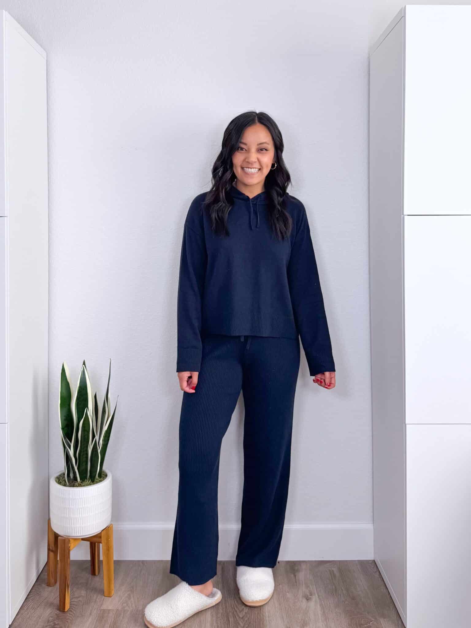 3 Easy, Comfy, and Cozy Outfits for Christmas Day — EVERYTHING 60% Off + EXTRA 15% Off + outfits for christmas day + putting me together + matching navy sweater + matching navy lounge pants + cozy sherpa slippers