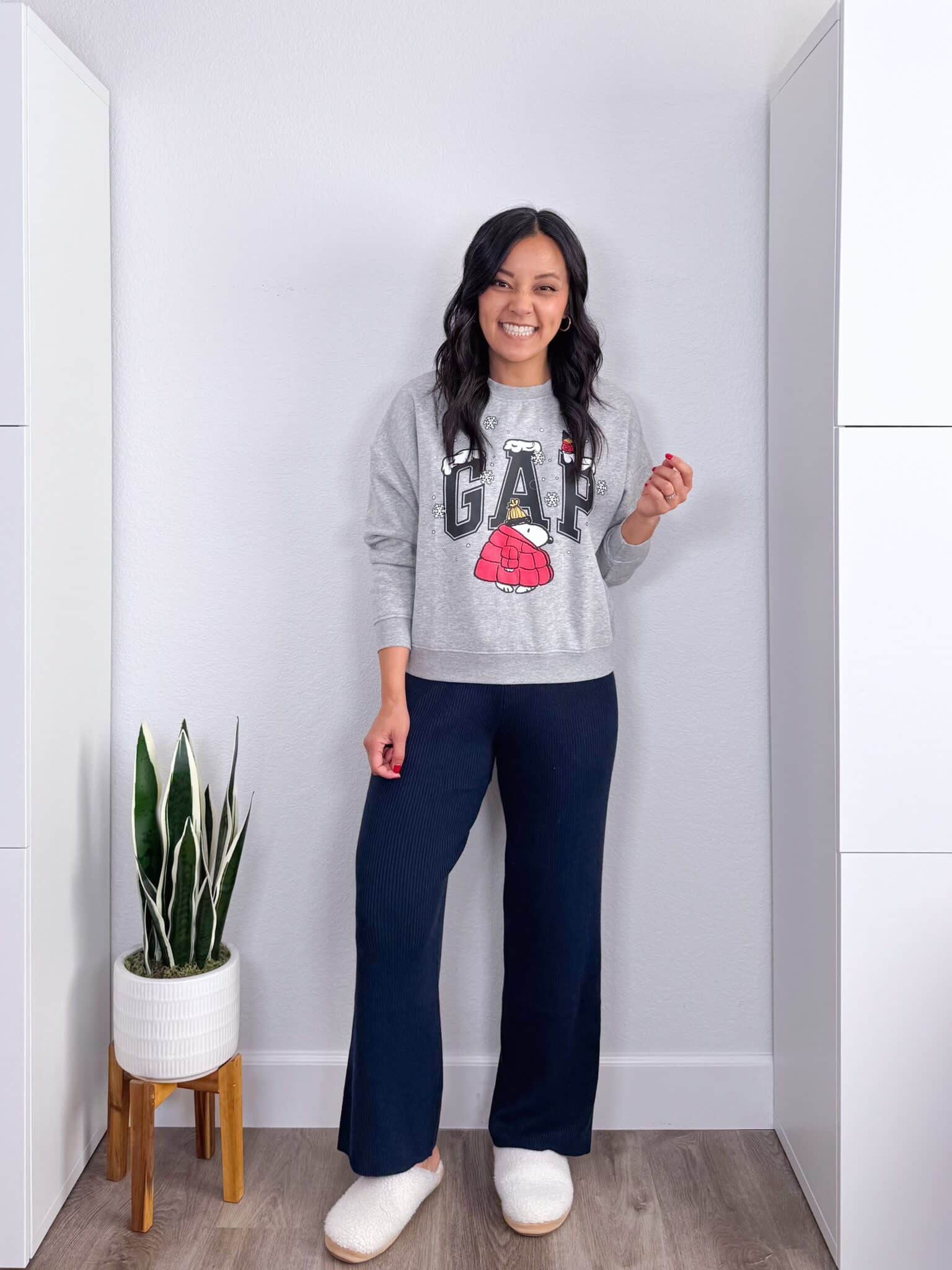 3 Easy, Comfy, and Cozy Outfits for Christmas Day — EVERYTHING 60% Off + EXTRA 15% Off + outfits for christmas day + putting me together + holiday graphic print snoopy sweatshirt + soft navy lounge pants + warm fuzzy slippers