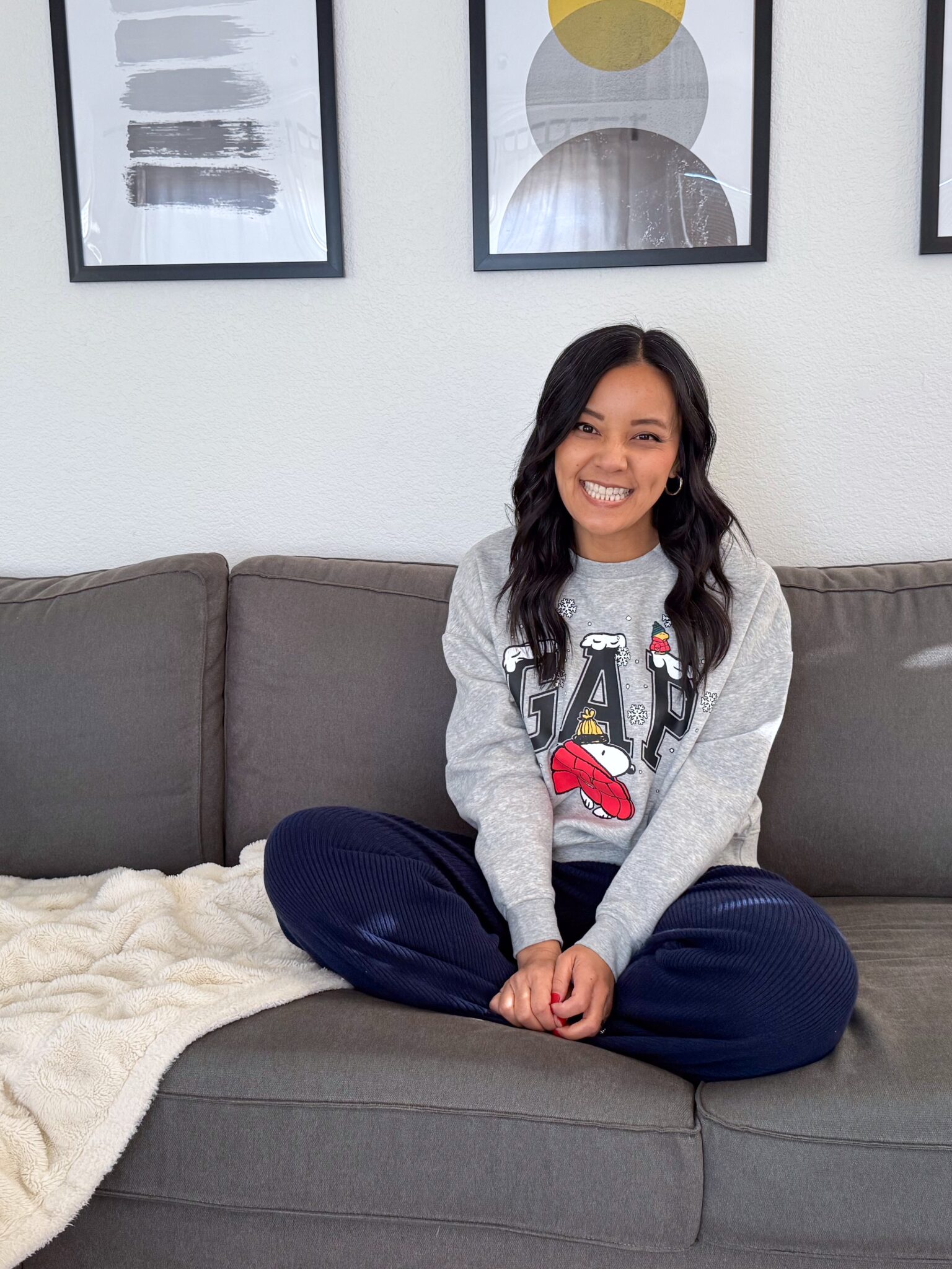 3 Easy, Comfy, and Cozy Outfits for Christmas Day — EVERYTHING 60% Off + EXTRA 15% Off + outfits for christmas day + putting me together + holiday graphic print snoopy sweatshirt + soft cozy navy sweater pants
