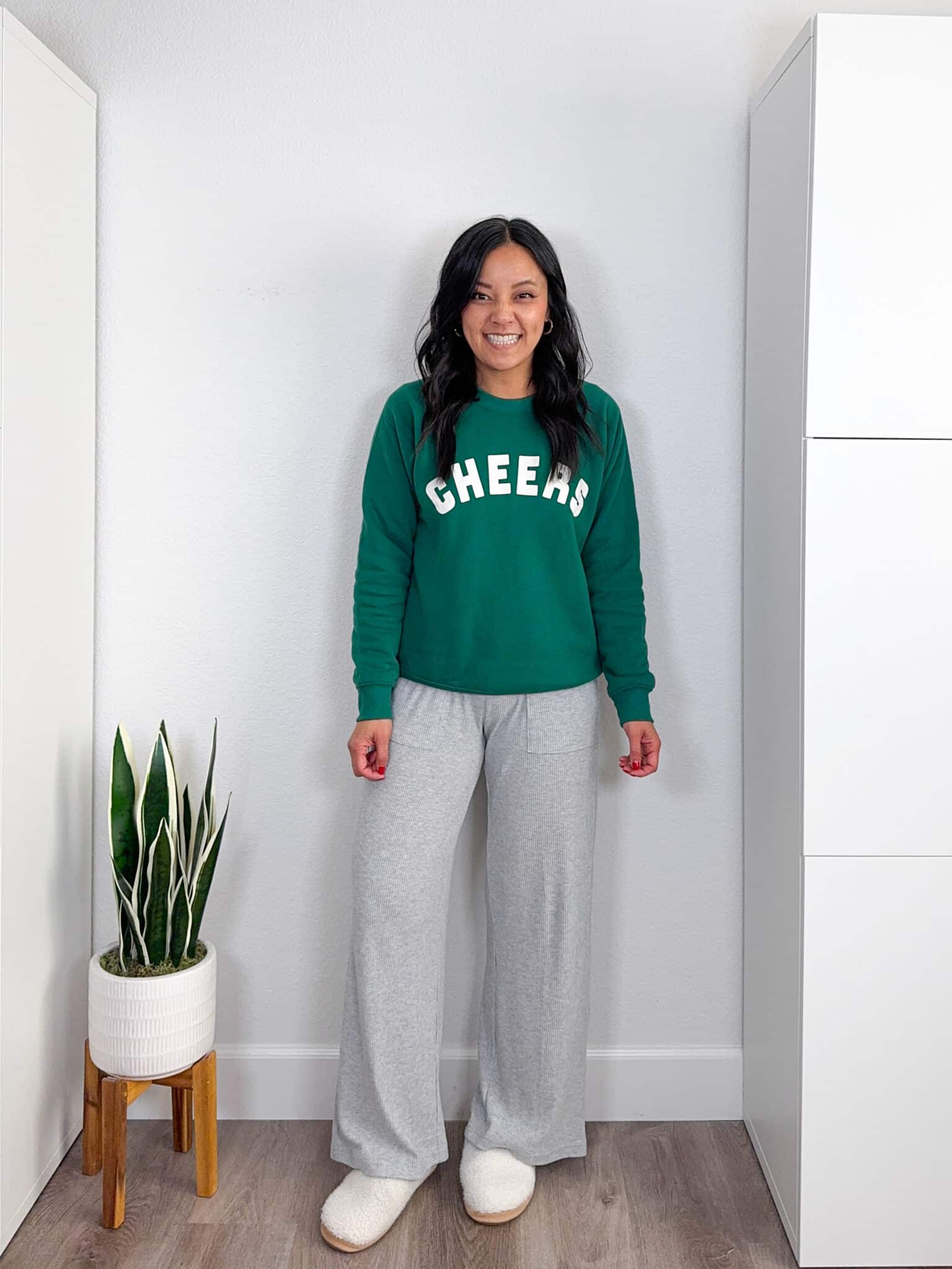 8 Pieces to Easily Feel Ready and Pulled Together for Every Holiday Event + 25% Off!! + holiday style checklist + putting me together + cute cozy soft holiday sweatshirt + stylish gray lounge pants + fuzzy slippers