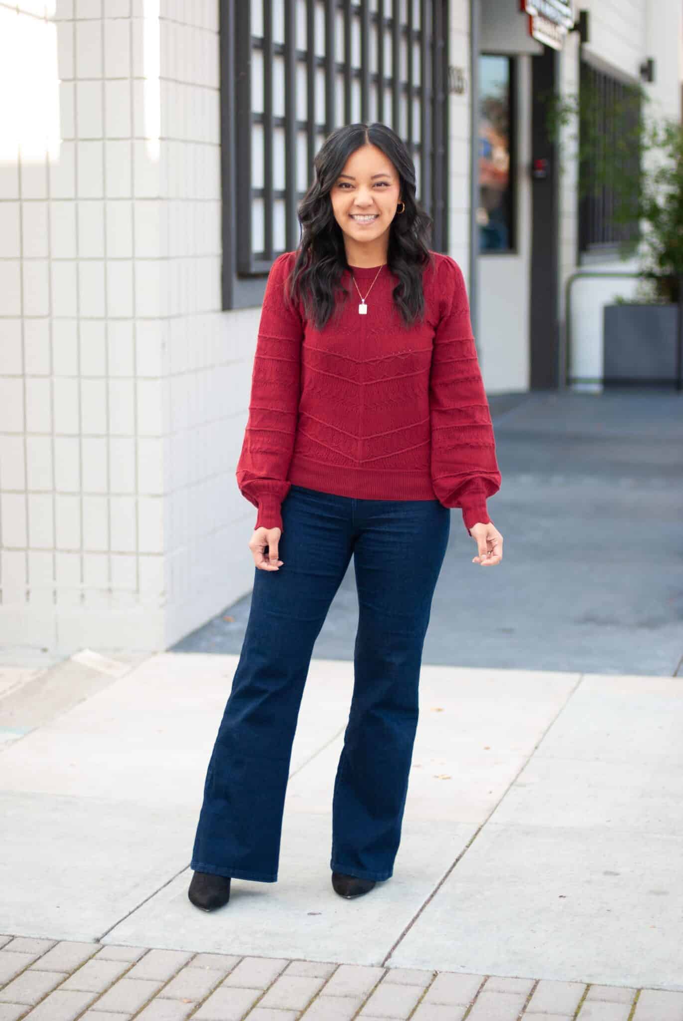 8 Pieces to Easily Feel Ready and Pulled Together for Every Holiday Event + 25% Off!! + holiday style checklist + putting me together + pretty red pointelle sweater + dark wash flare jeans + black kitten heel boots