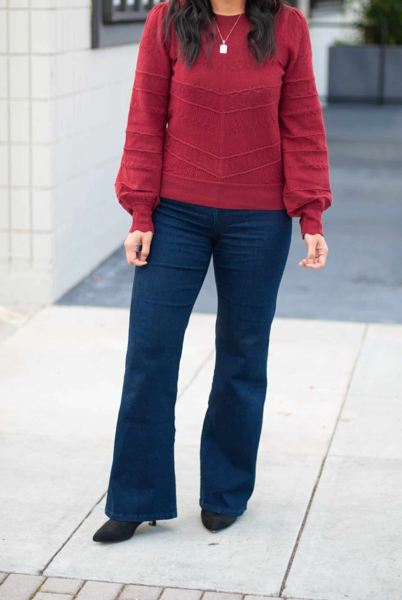 8 Pieces to Easily Feel Ready and Pulled Together for Every Holiday Event + 25% Off!! + holiday style checklist + putting me together + pretty red pointelle sweater + comfortable dark wash flare jeans