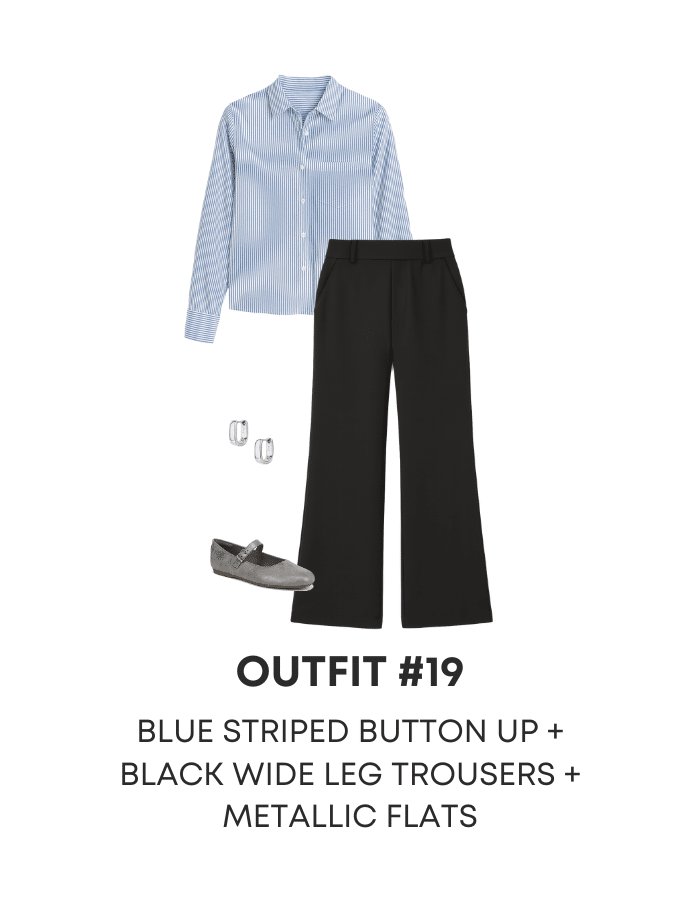 winter work outfits to copy as you go back to work + easy winter work outfits + putting me together + versatile striped shirt + comfortable black wide leg pants + mary jane metallic flats