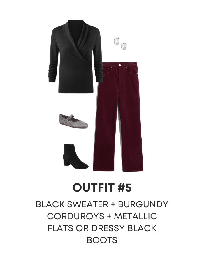 winter work outfits to copy as you go back to work + easy winter work outfits + putting me together + black sweater + burgundy pants + gray flats + black suede waterproof boots
