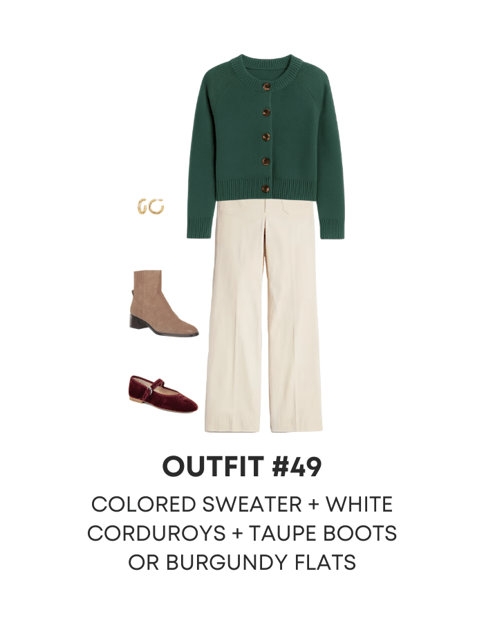 winter work outfits to copy as you go back to work + easy winter work outfits + putting me together + versatile green cardigan + cream colored pants + tan boots + burgundy shoes