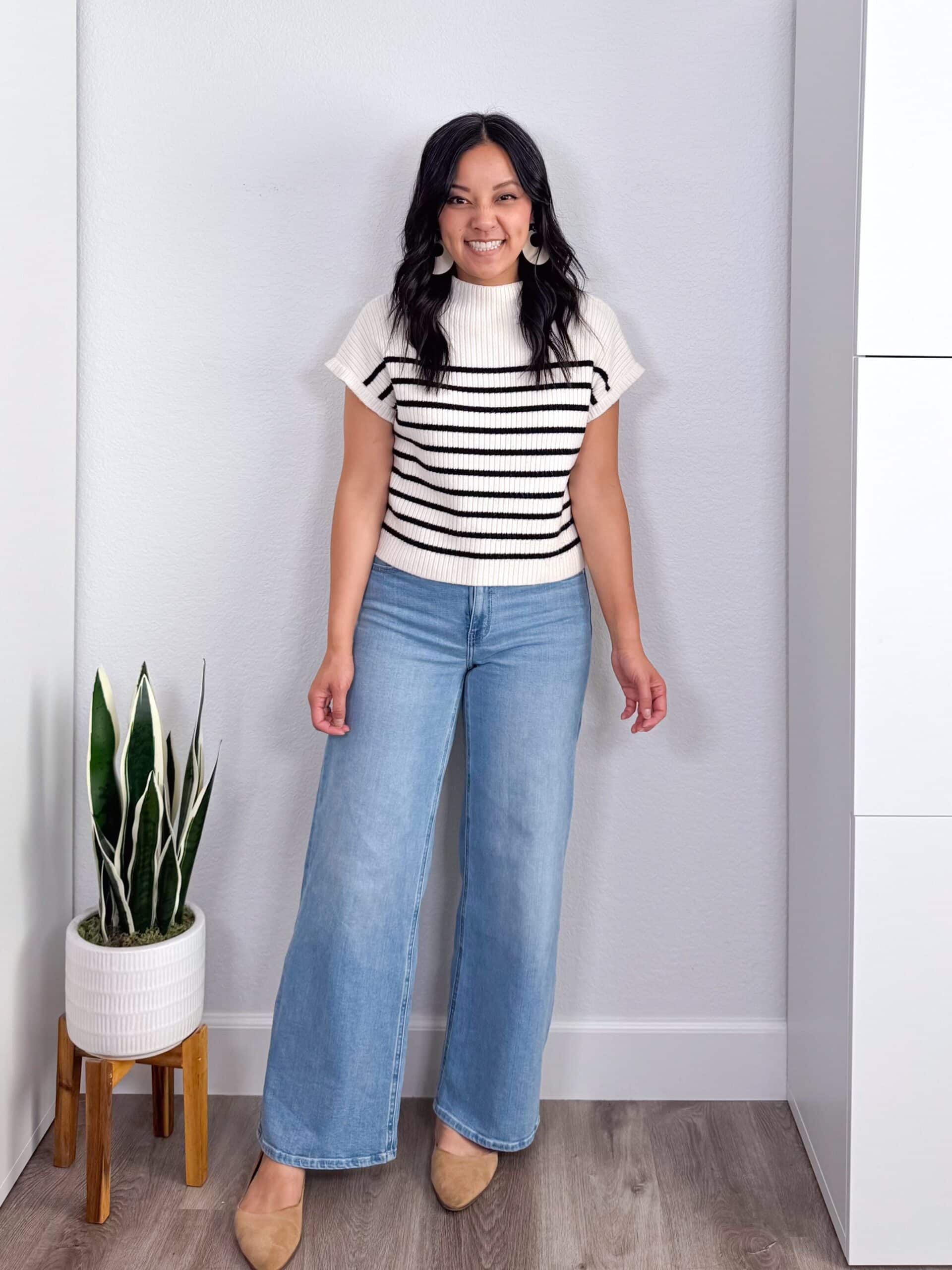7 Tips & Winter Clothes That Actually Keep You Warm + putting me together + warm winter clothes + white and black striped sweater + light wash comfortable wide leg jeans + tan flats