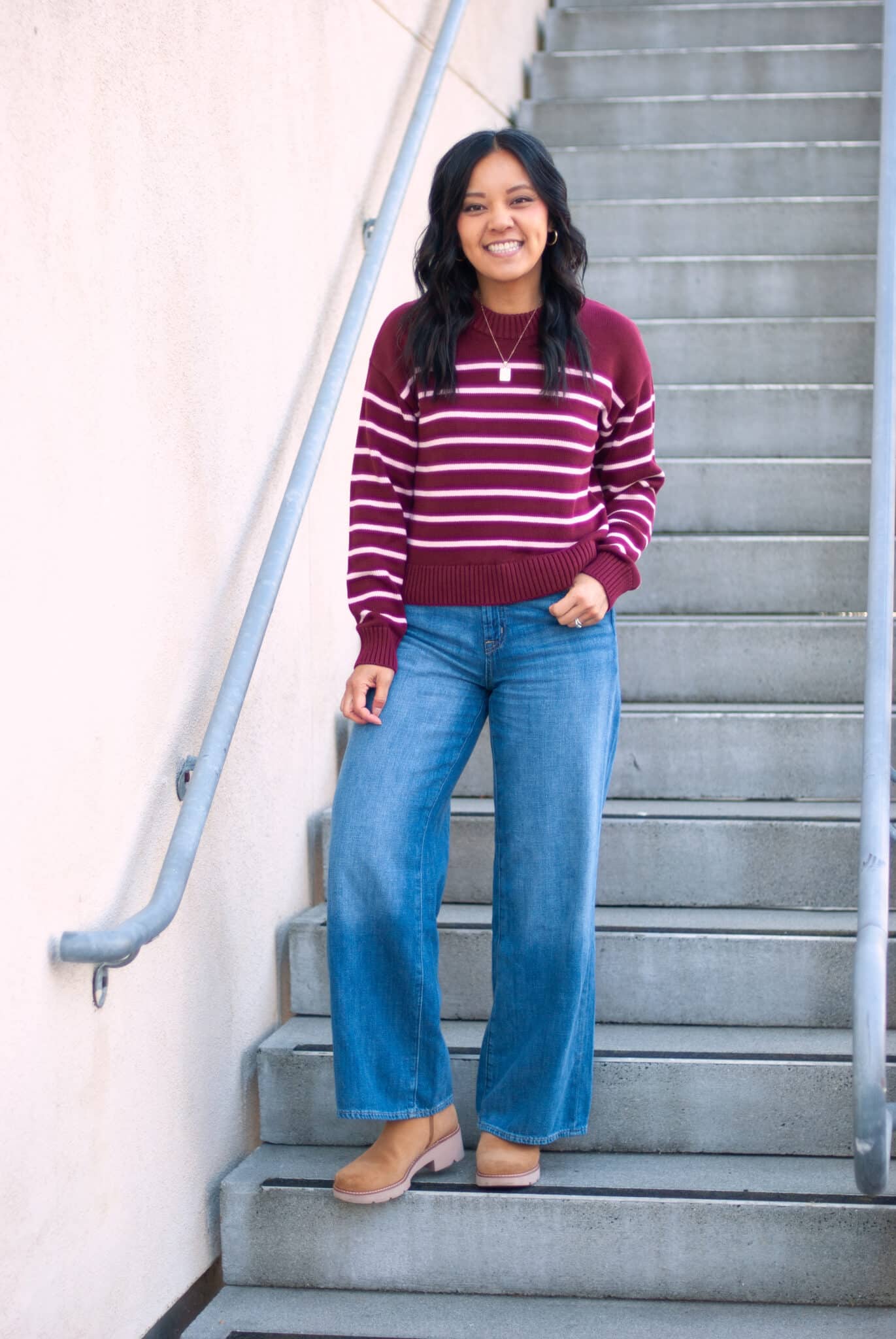 My 7 Must-Have Winter Shoes to Be Effortlessly Pulled Together + putting me together + winter shoes + burgundy striped sweater + comfortable wide leg jeans + tan lug sole boots