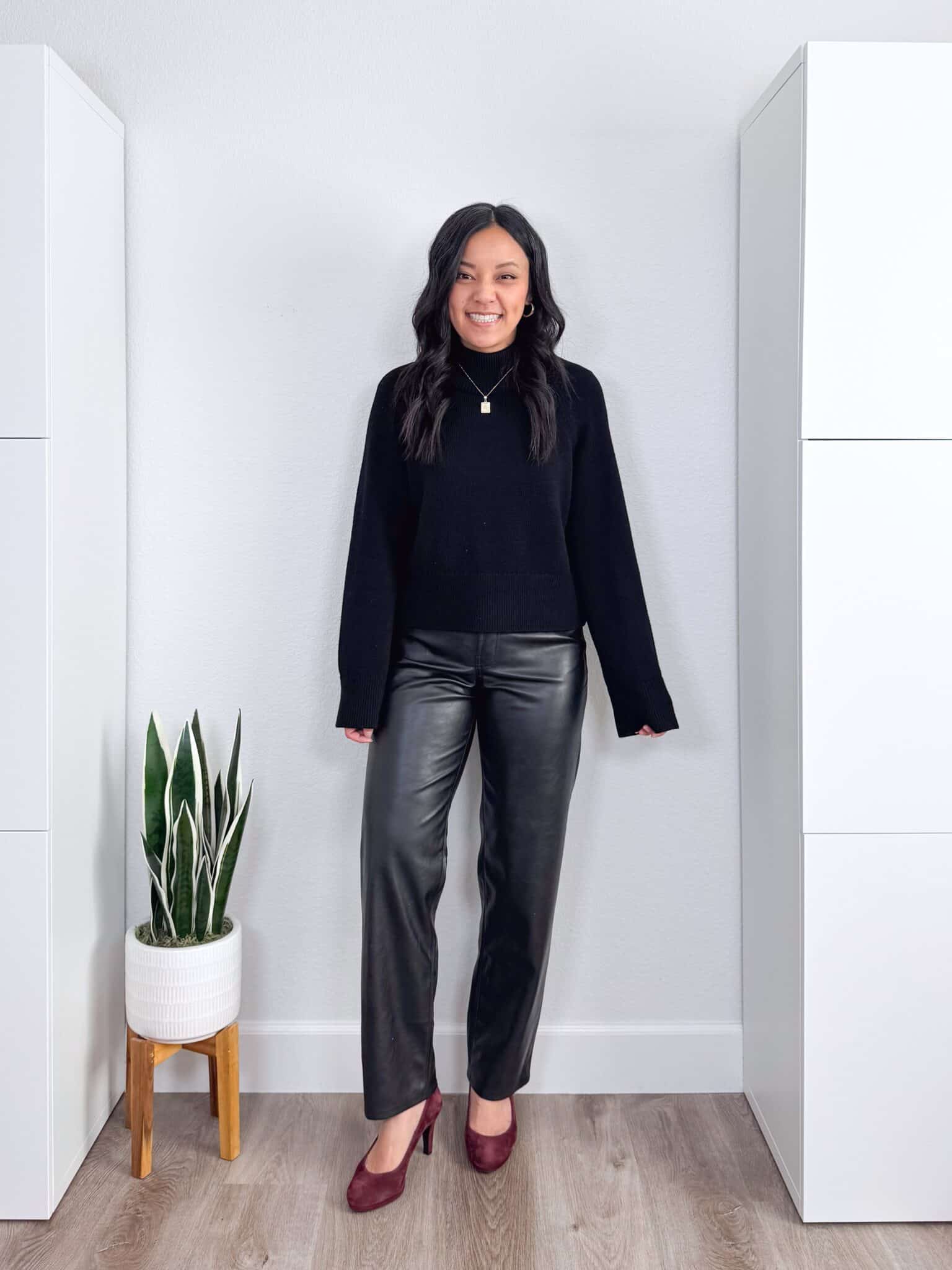 7 Tips & Winter Clothes That Actually Keep You Warm + putting me together + warm winter clothes + versatile black sweater + faux leather pants + burgundy heels